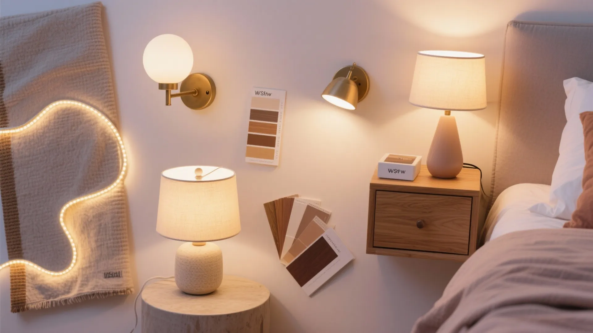 Warm bedroom lighting display with wall lights table lamps wood samples and a small bedside cabinet