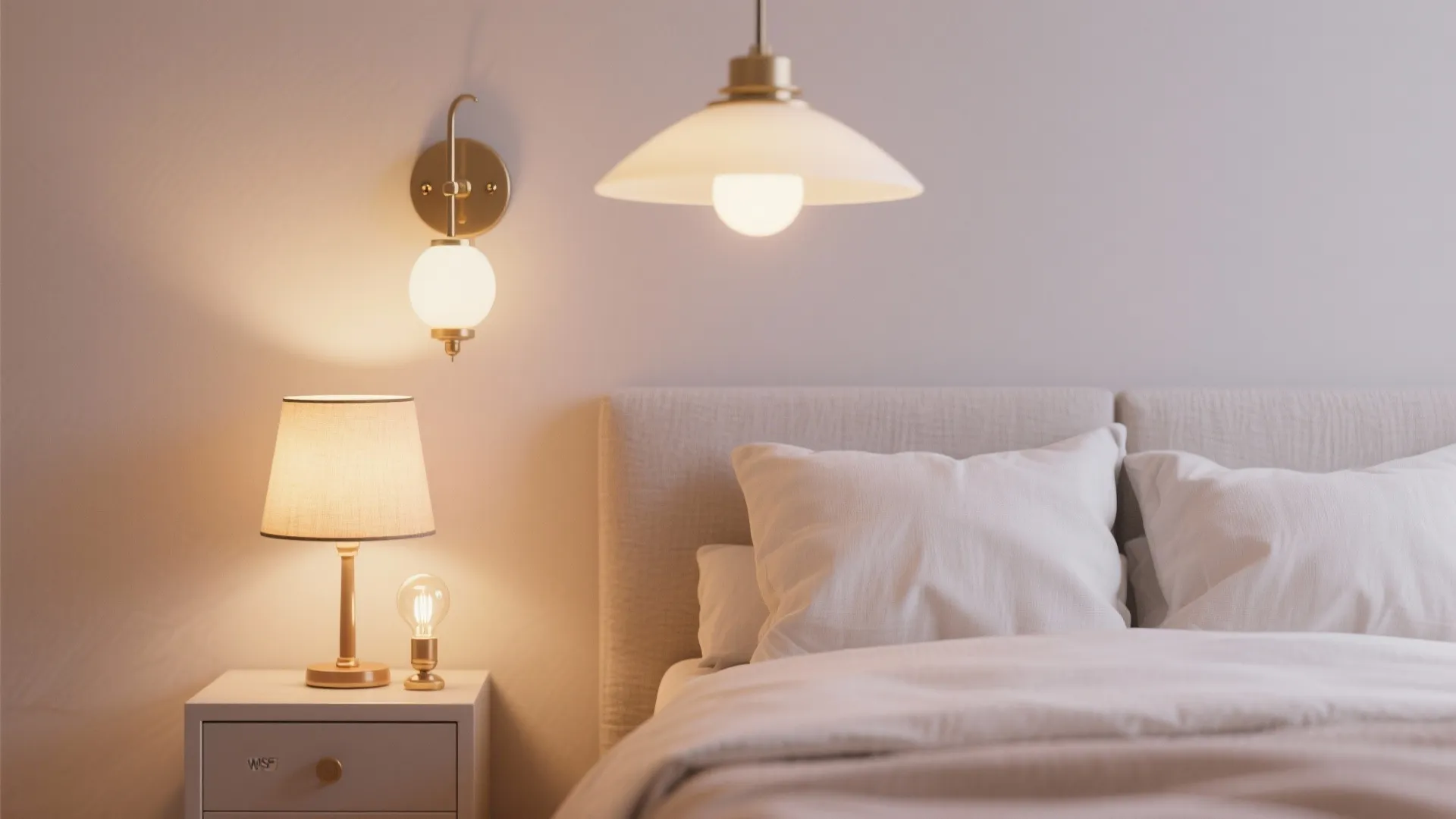 Bed with white pillows and bedside table lamp plus a wall light and ceiling light