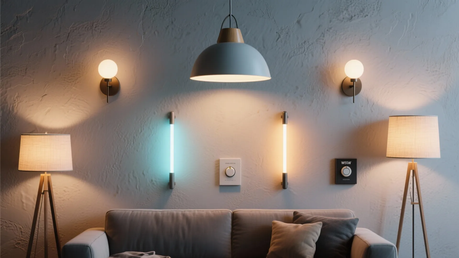 Modern wall with grey sofa featuring ceiling light wall lights floor lamps and light dimmers