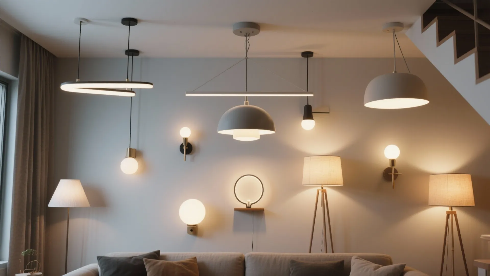 Various light fixture styles including ceiling light wall light and floor lamp for home interior