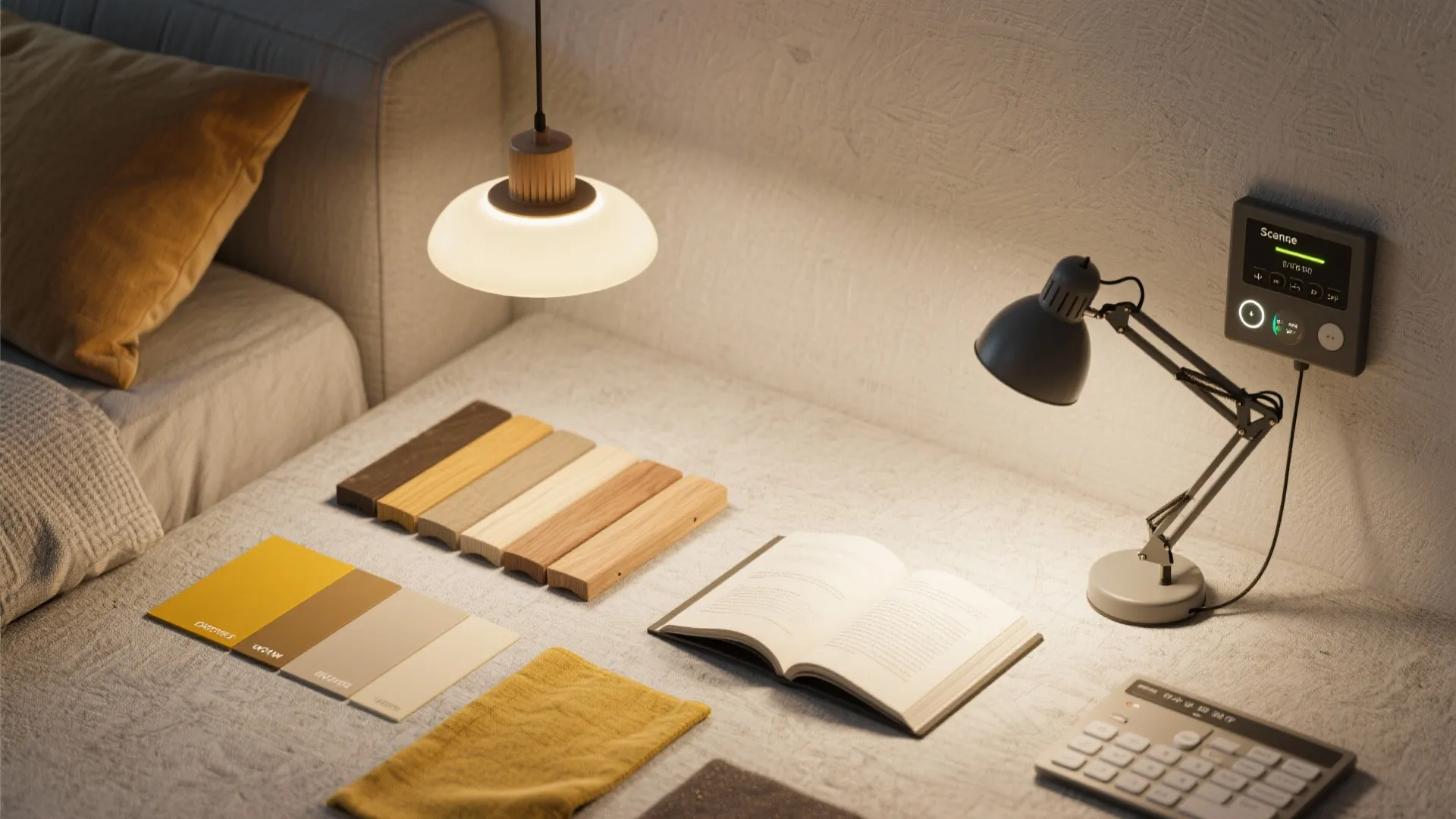 Flatlay of layered lighting samples and a scene control panel for a hotel suite