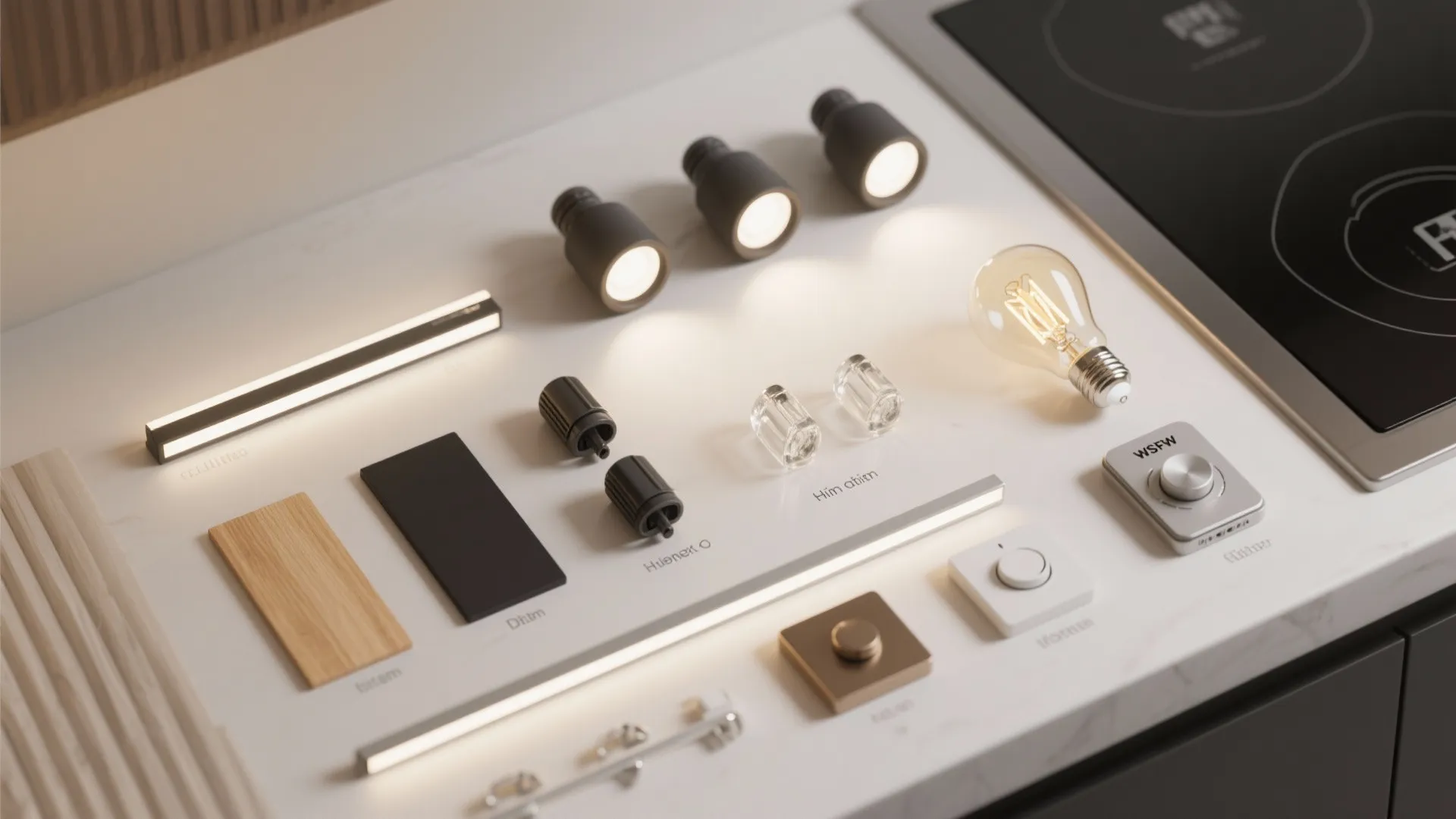 Layered lighting: LED strips, spots, and decorative bulbs working together