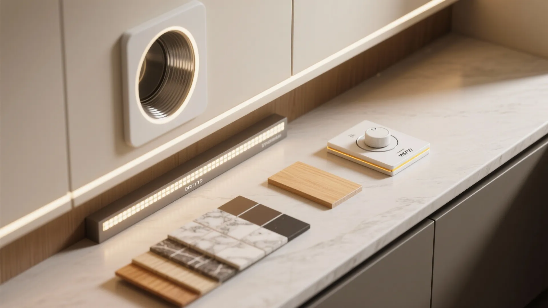 Interior design materials on a white counter including stone tiles wood samples and light fixtures