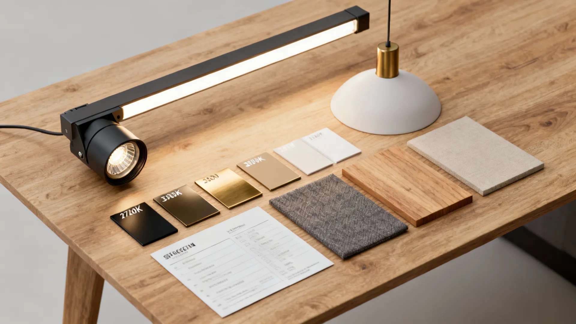 Interior design drawing board with light fixture samples and wood and fabric materials on table
