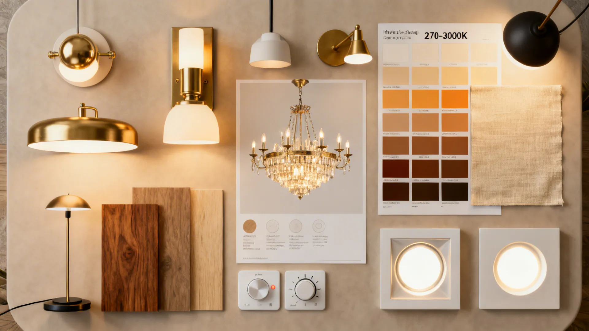 Flatlay of layered lighting elements including chandelier sample, sconces, floor lamp and warm color swatches.