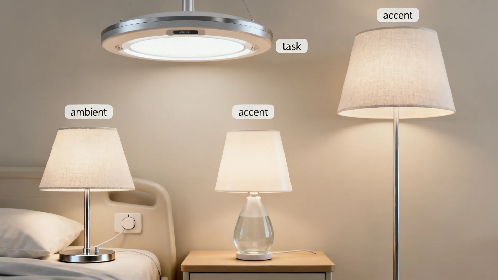 Flatlay of ambient, task and accent lighting options suitable for nursing rooms.