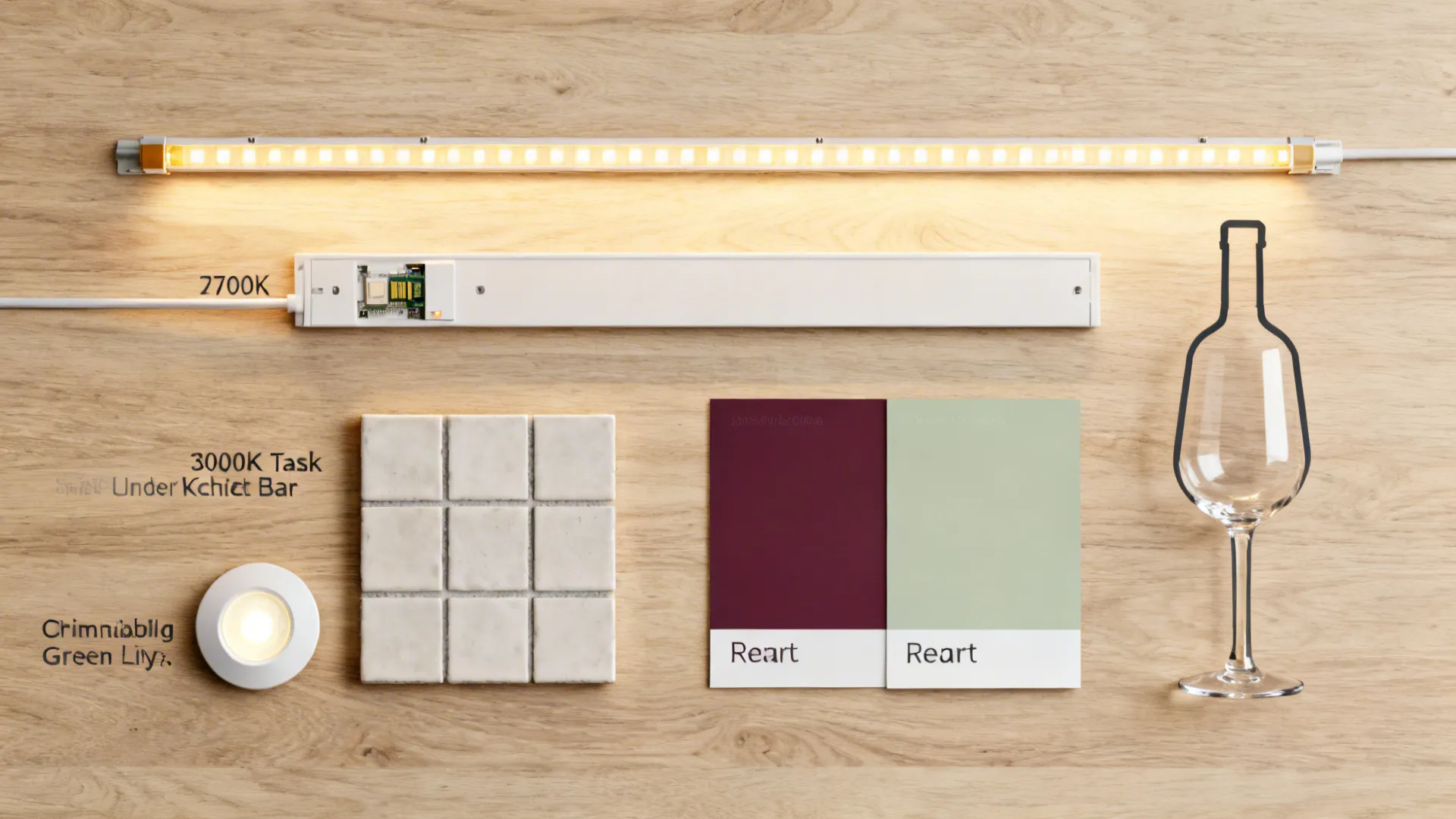 Flat-lay of 2700K ambient, 3000K task LEDs with merlot and sage swatches on oak.