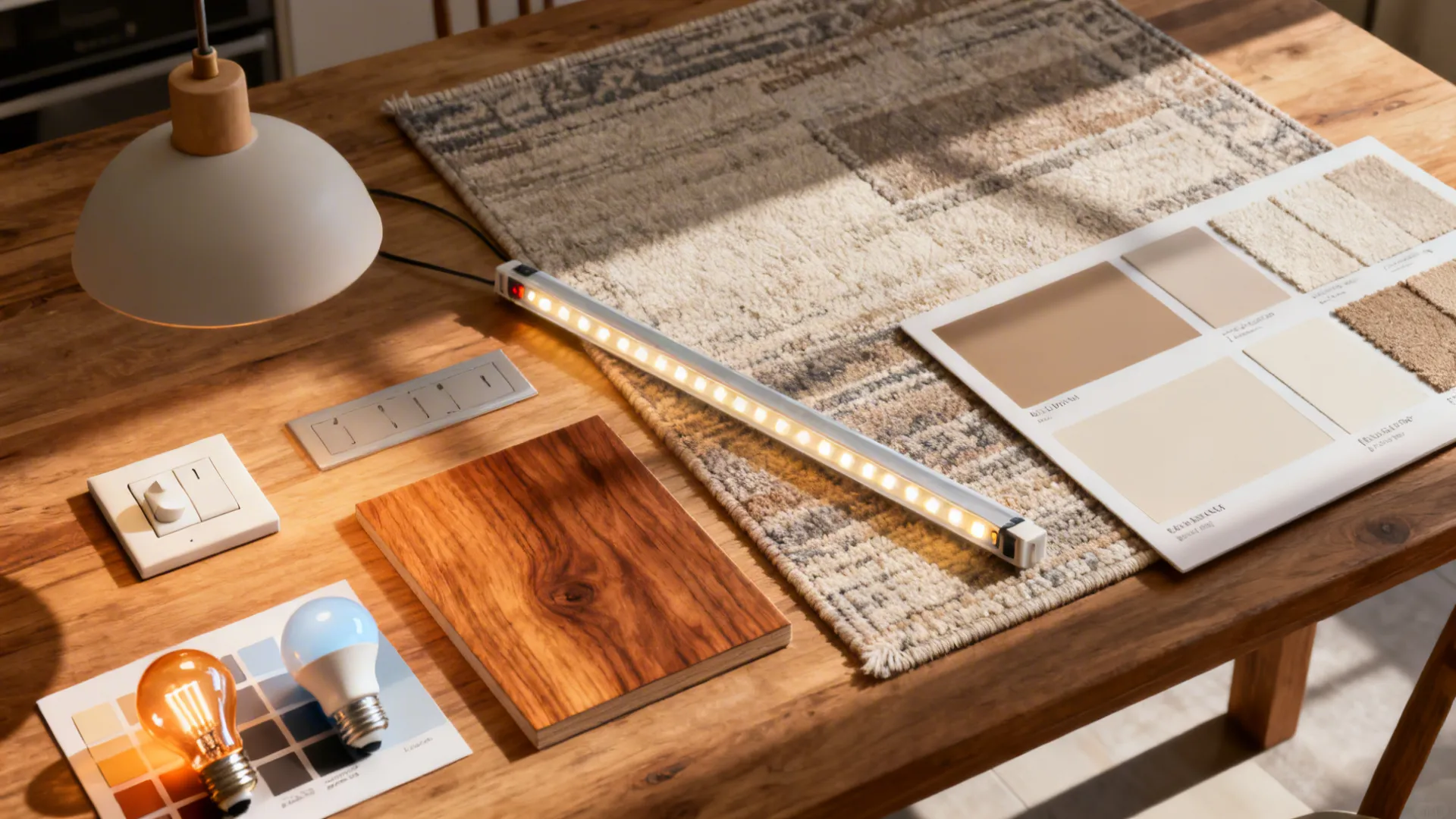 Flatlay of lighting samples and switches illustrating a layered lighting plan for kitchen and dining zones.