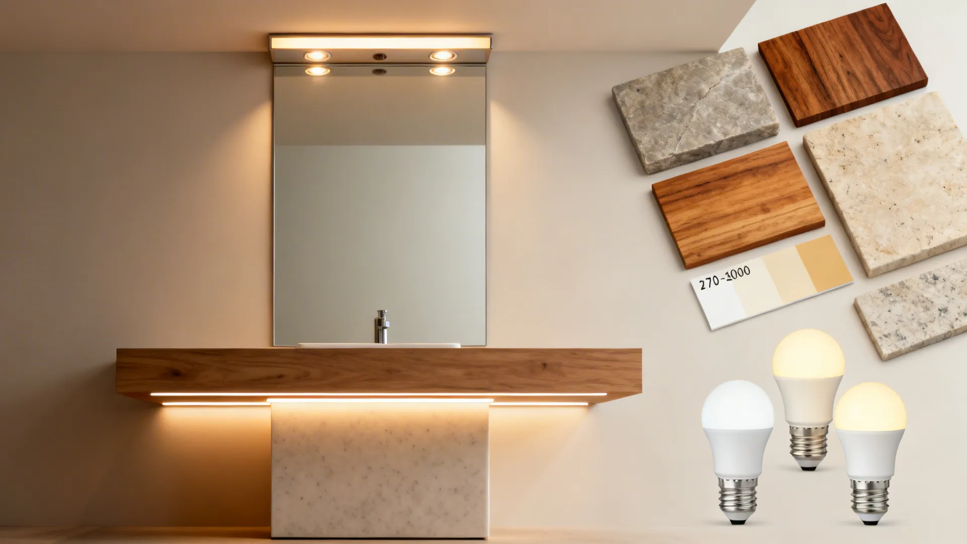 Flatlay of layered lighting options for a spa bathroom: recessed lights, vanity fixture, LED strip and material swatches