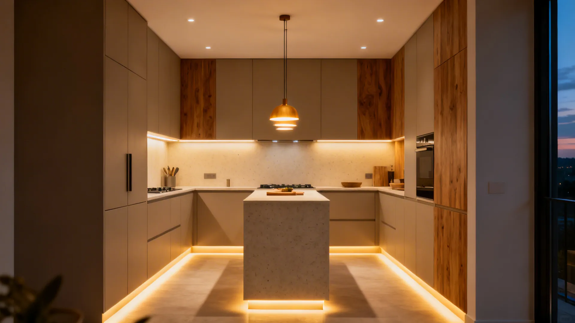 Small kitchen with pendants, under-cabinet task lights, and toe-kick LEDs creating layers of light.