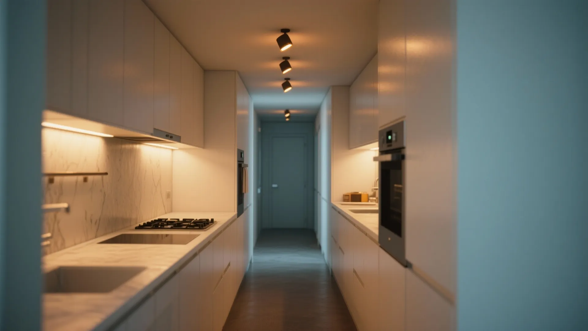 Long galley kitchen design featuring black ceiling lights and warm cabinet lighting in narrow layout