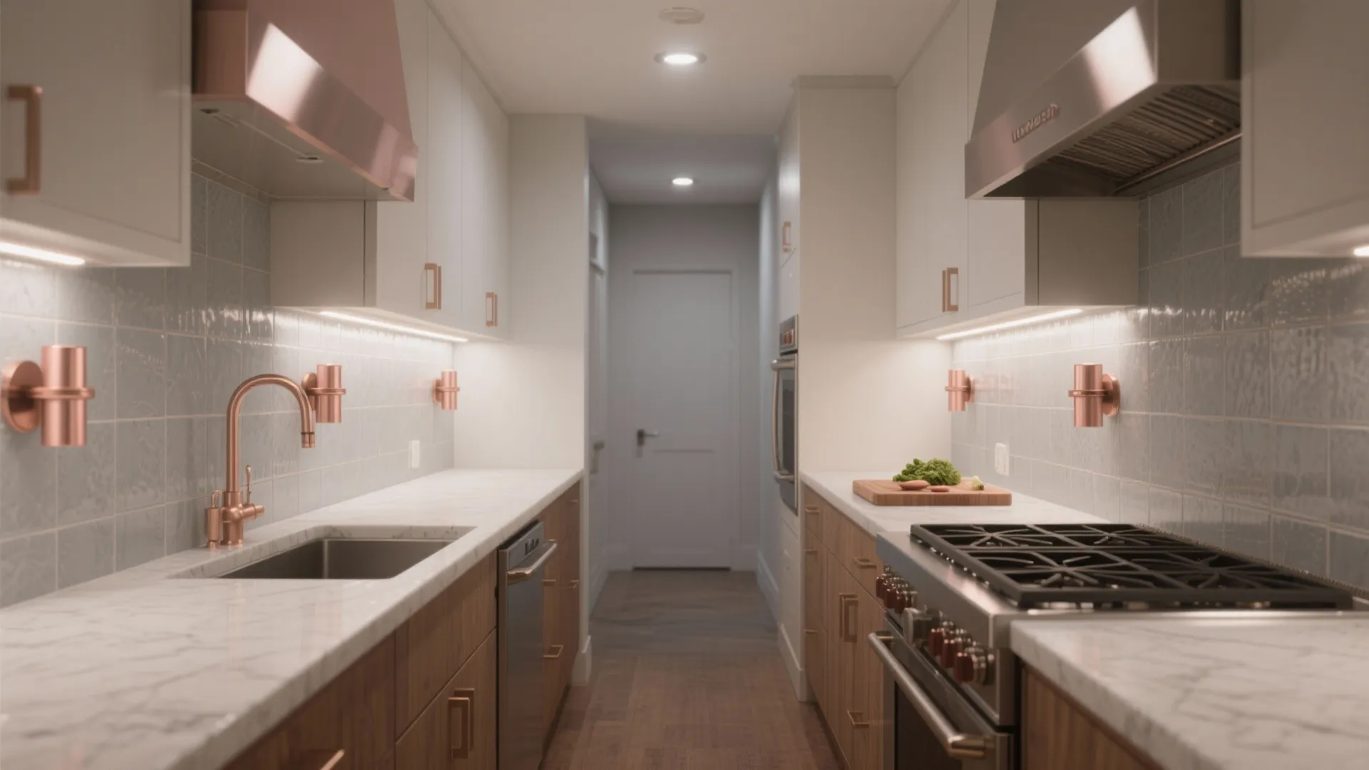 Layered task + accent lighting with rose gold sconces