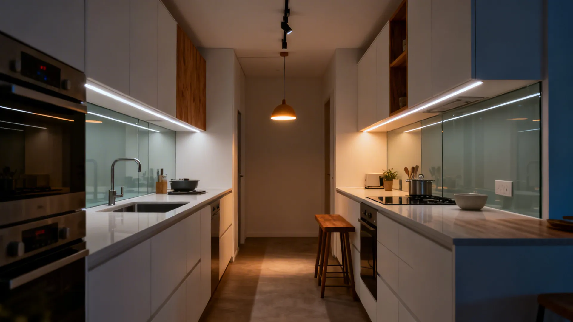 Small galley kitchen at night with under-cabinet LEDs, track lighting, and a warm pendant.