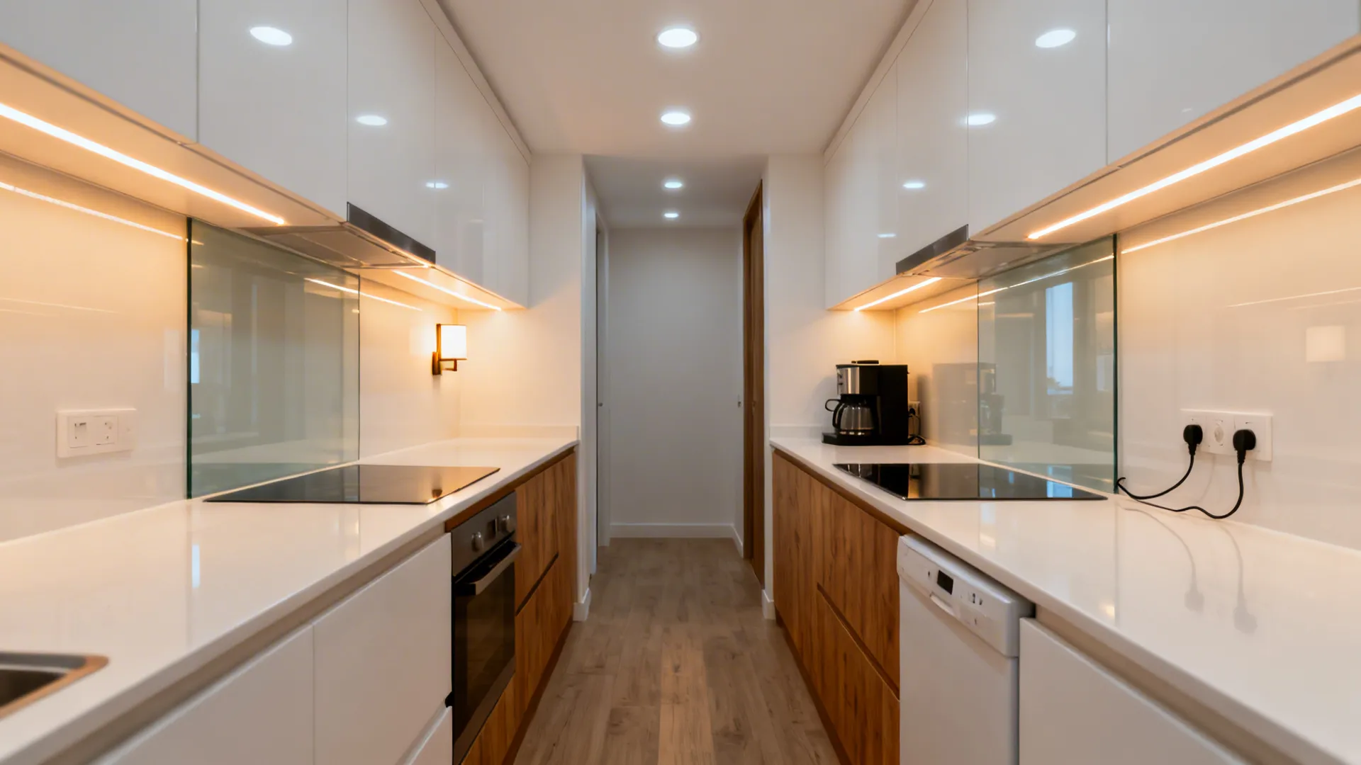 Galley kitchen with recessed lights, under-cabinet LEDs, and a small sconce by the coffee zone.