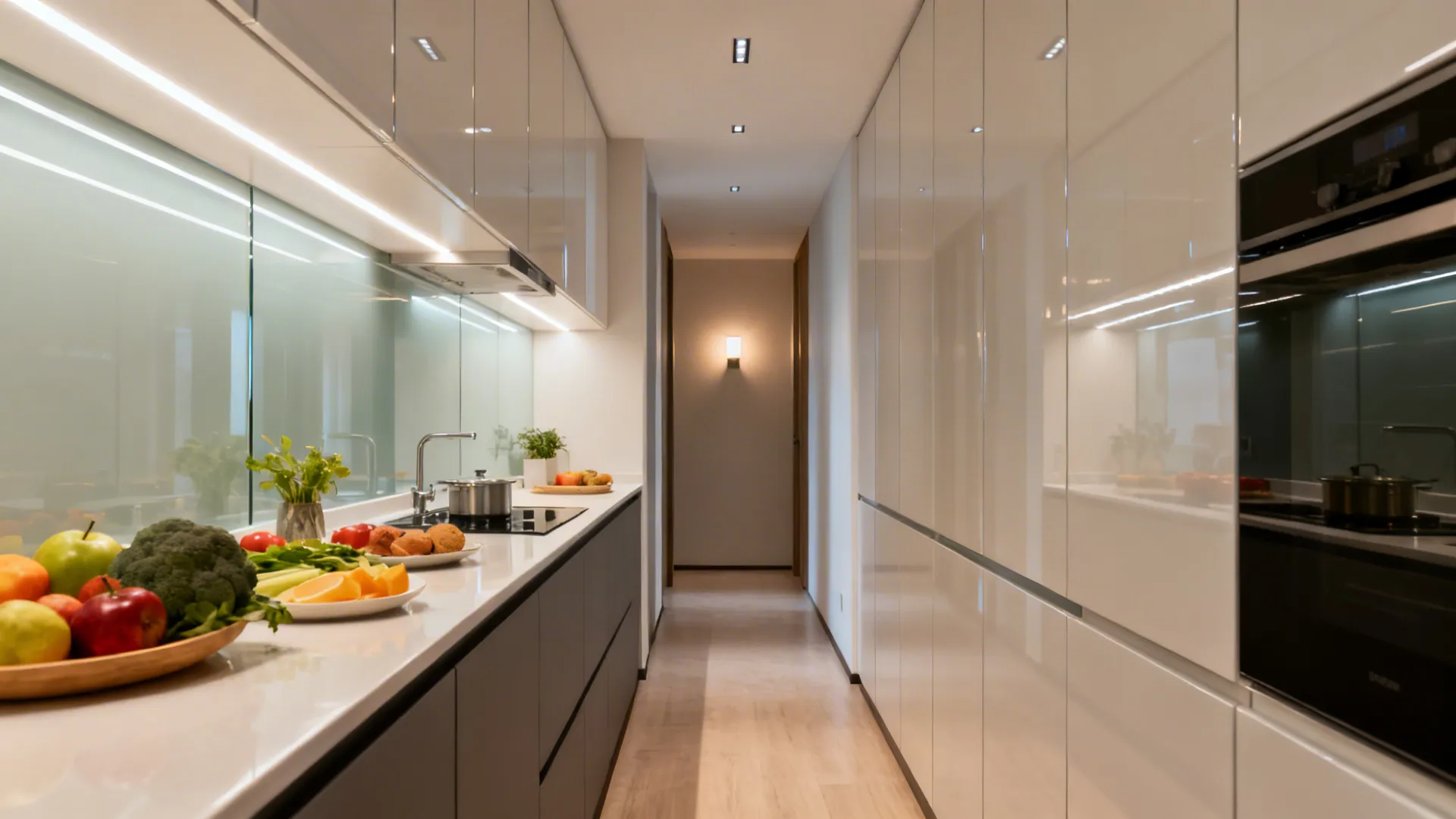 Long narrow kitchen with white glossy cabinets built in oven fresh vegetables on counter and lighting