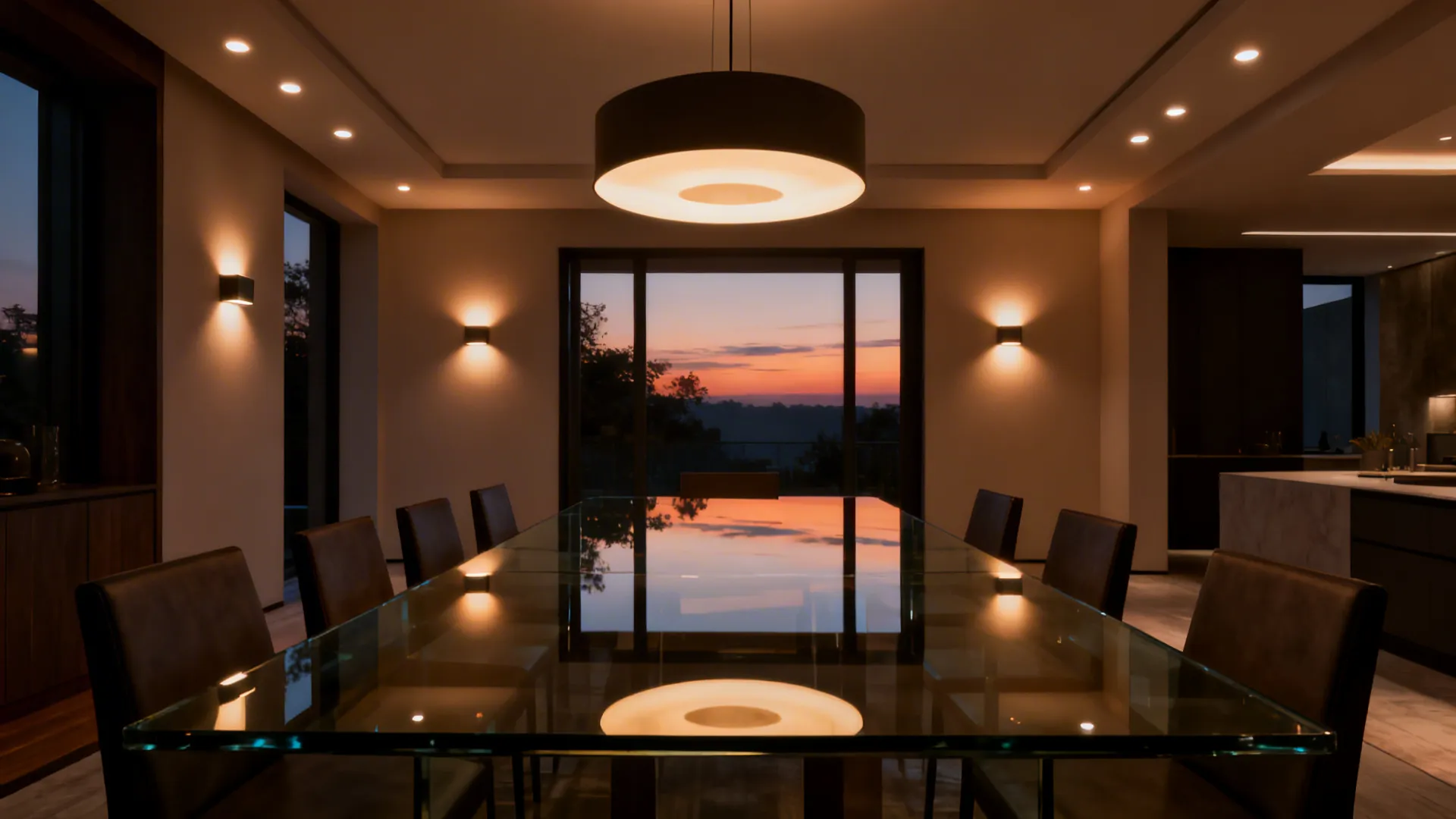 Glass table reflecting pendant and wall sconce lighting for layered ambient effect.