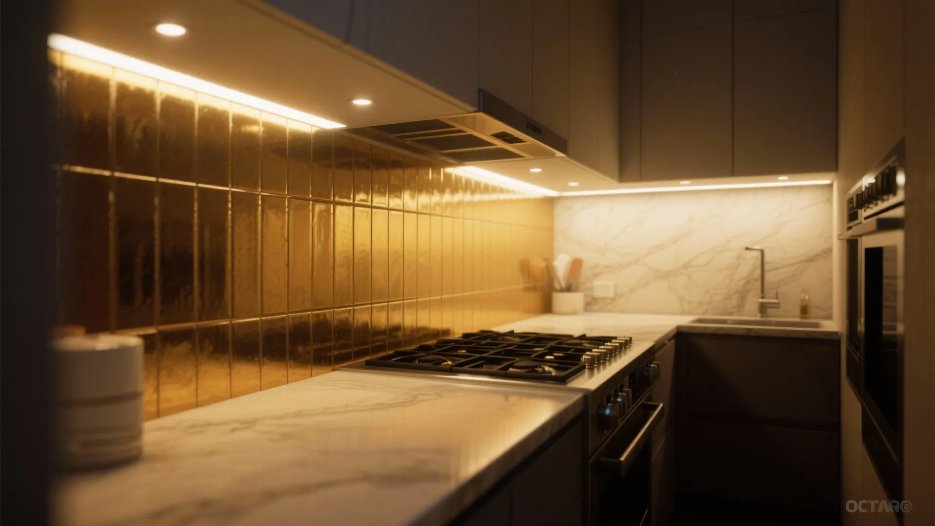 5. Layered lighting and reflective gold surfaces