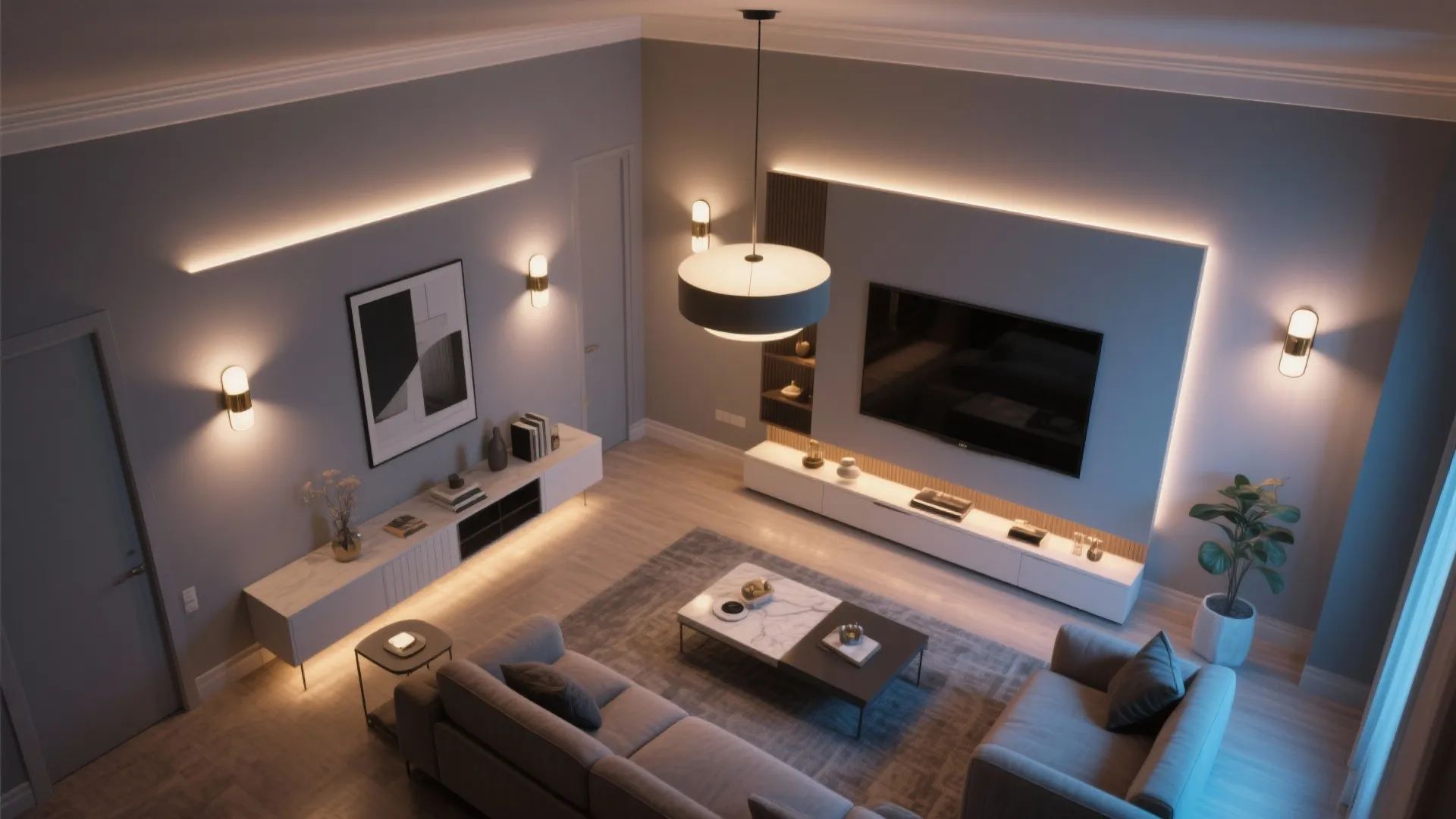 Living room interior design drawing with ceiling light wall light strips and grey sofa furniture set