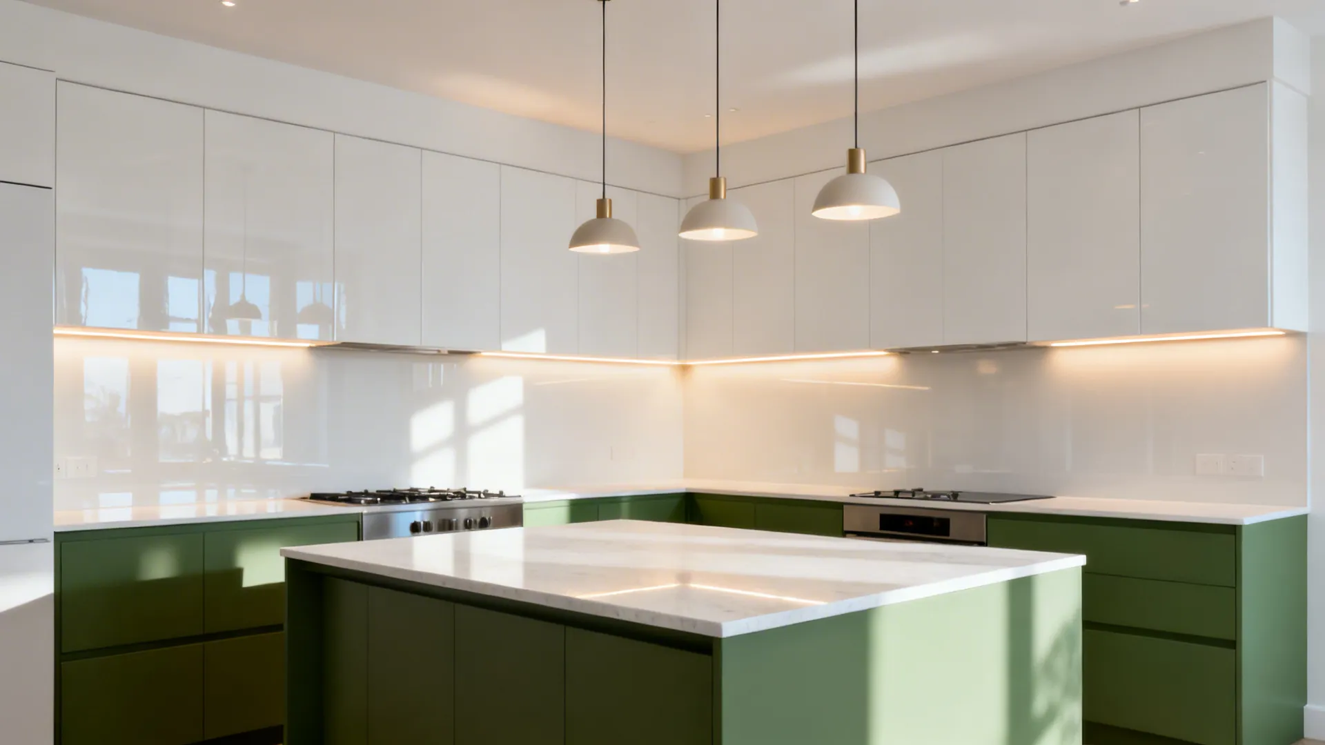 Kitchen featuring three white ceiling lights over a green island with bright under cabinet lighting