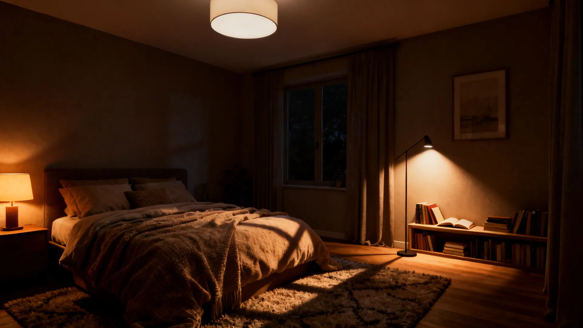 Small guest room with layered lighting: ceiling light, bedside lamp, and floor spotlight creating a warm atmosphere