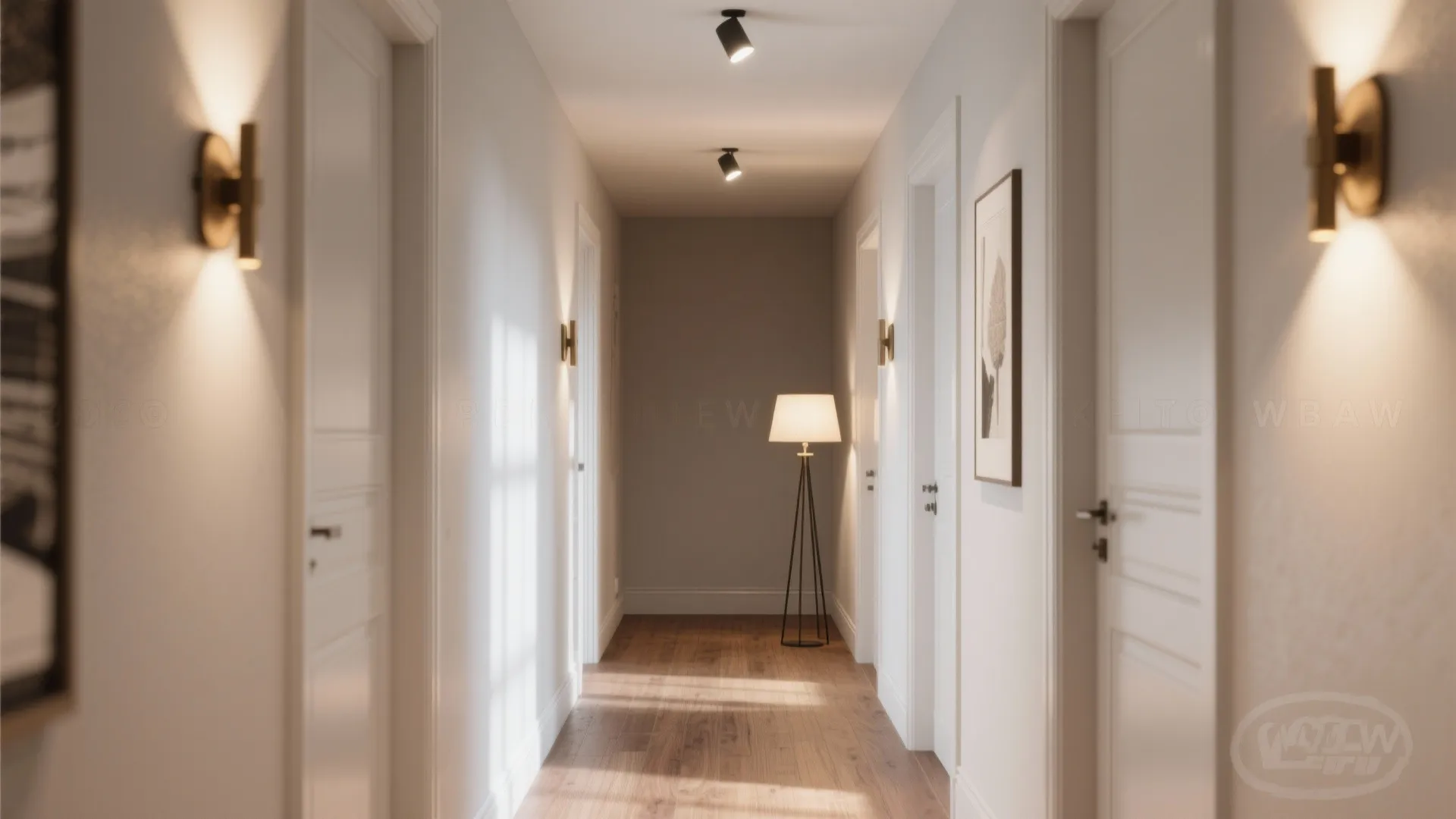 Hallway interior design with wall lights white walls ceiling lights and a tall floor lamp