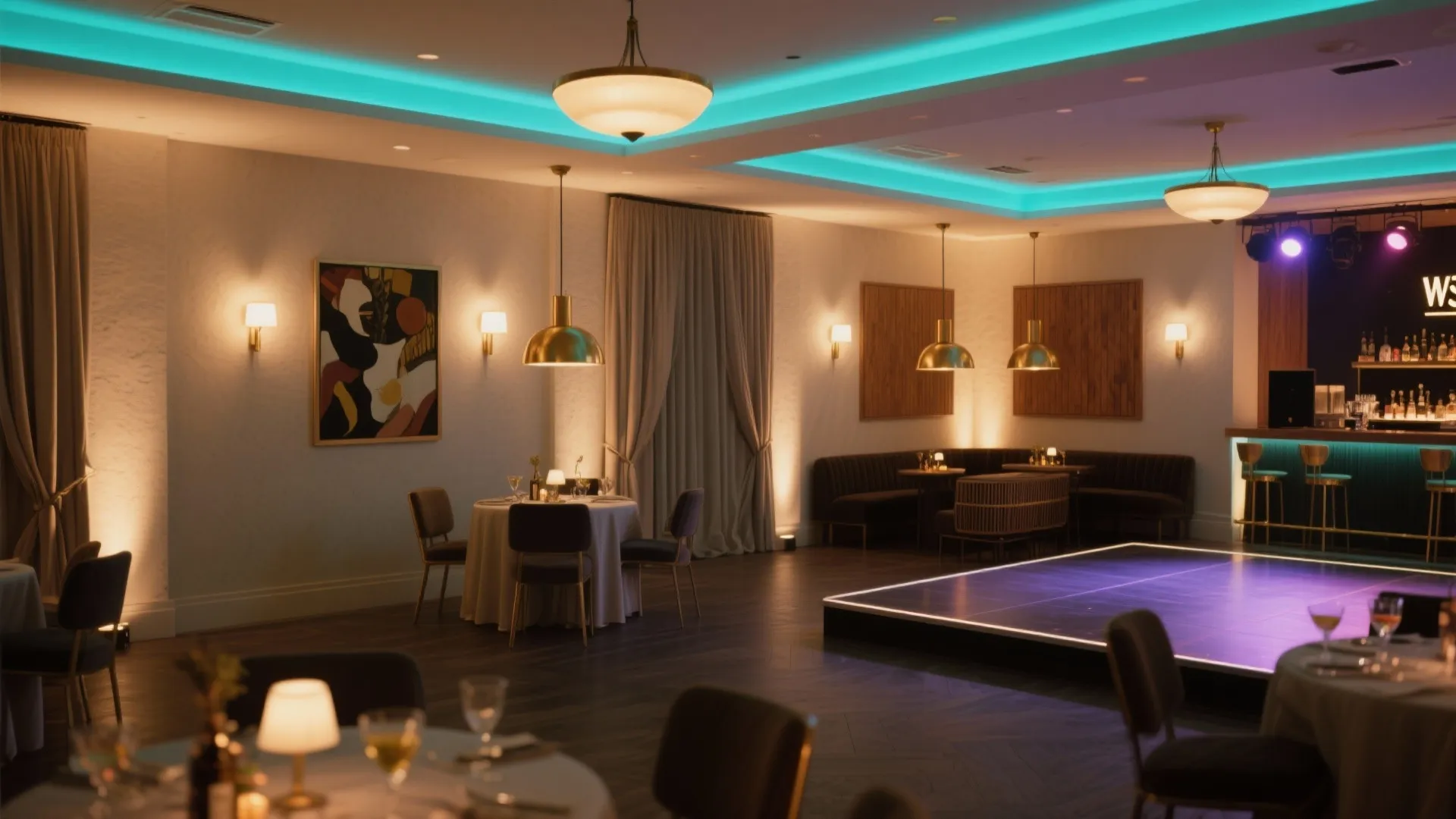 Elegant restaurant hall with warm ceiling lights blue neon accents round tables and bar area
