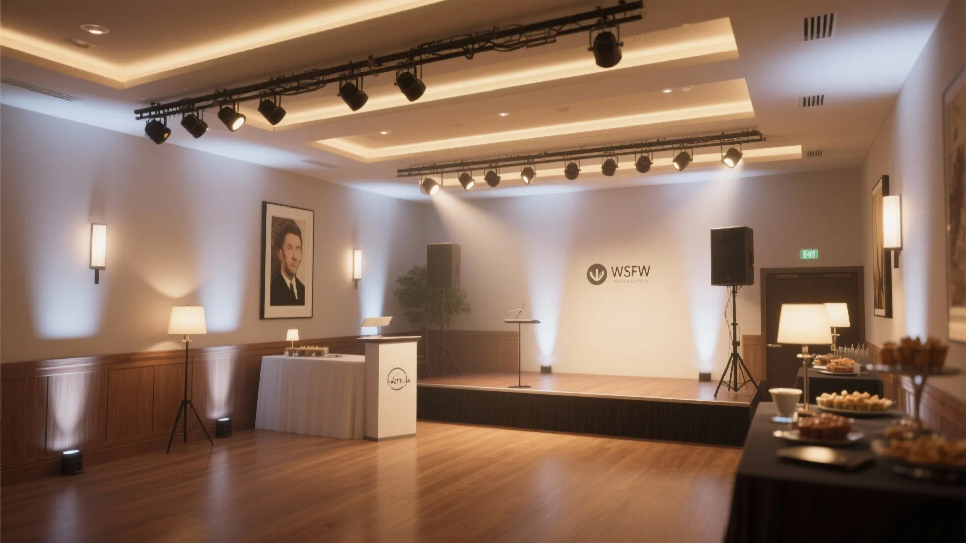 Event room with a small stage white podium track lighting wall lights and food tables