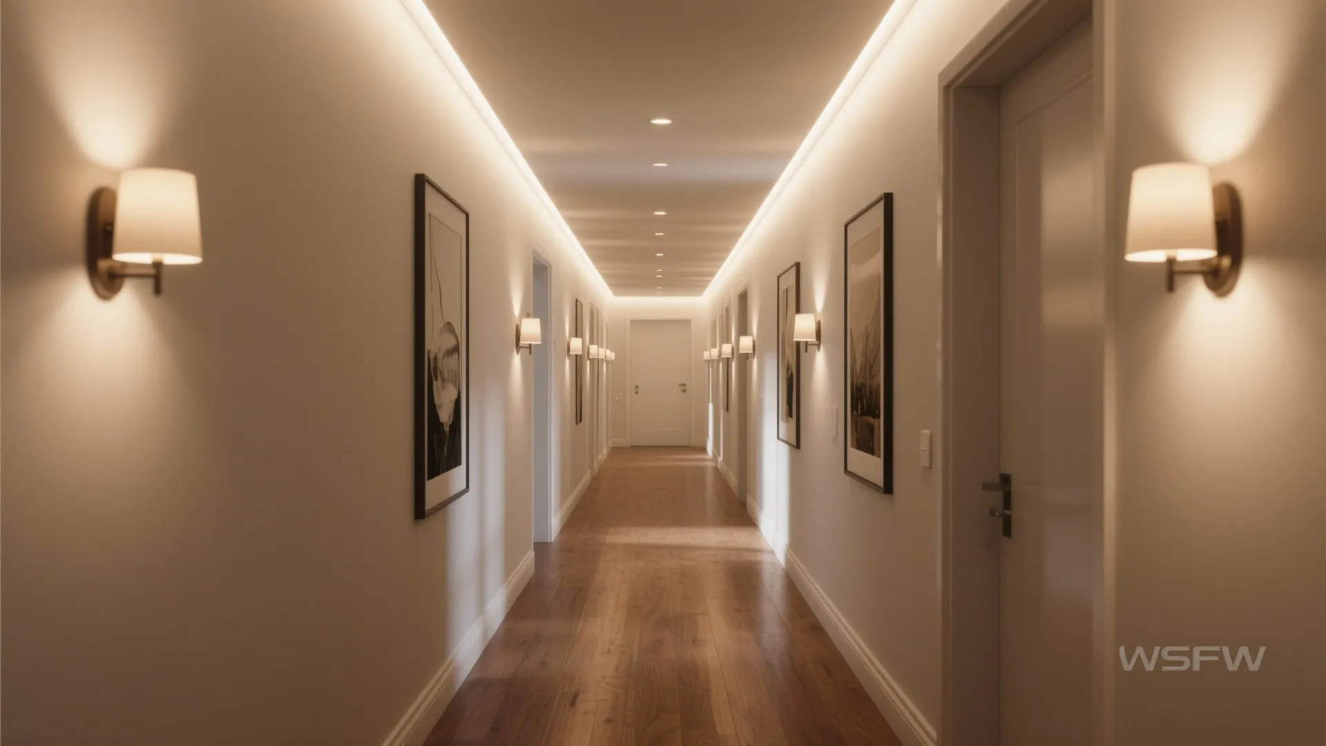 Modern hallway interior with warm wall lights hanging pictures and wood flooring in soft light
