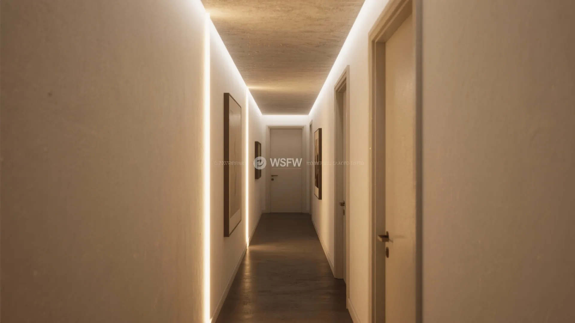 Small hallway with ceiling ambient lighting and soft wall grazing creating a gallery-like feel.