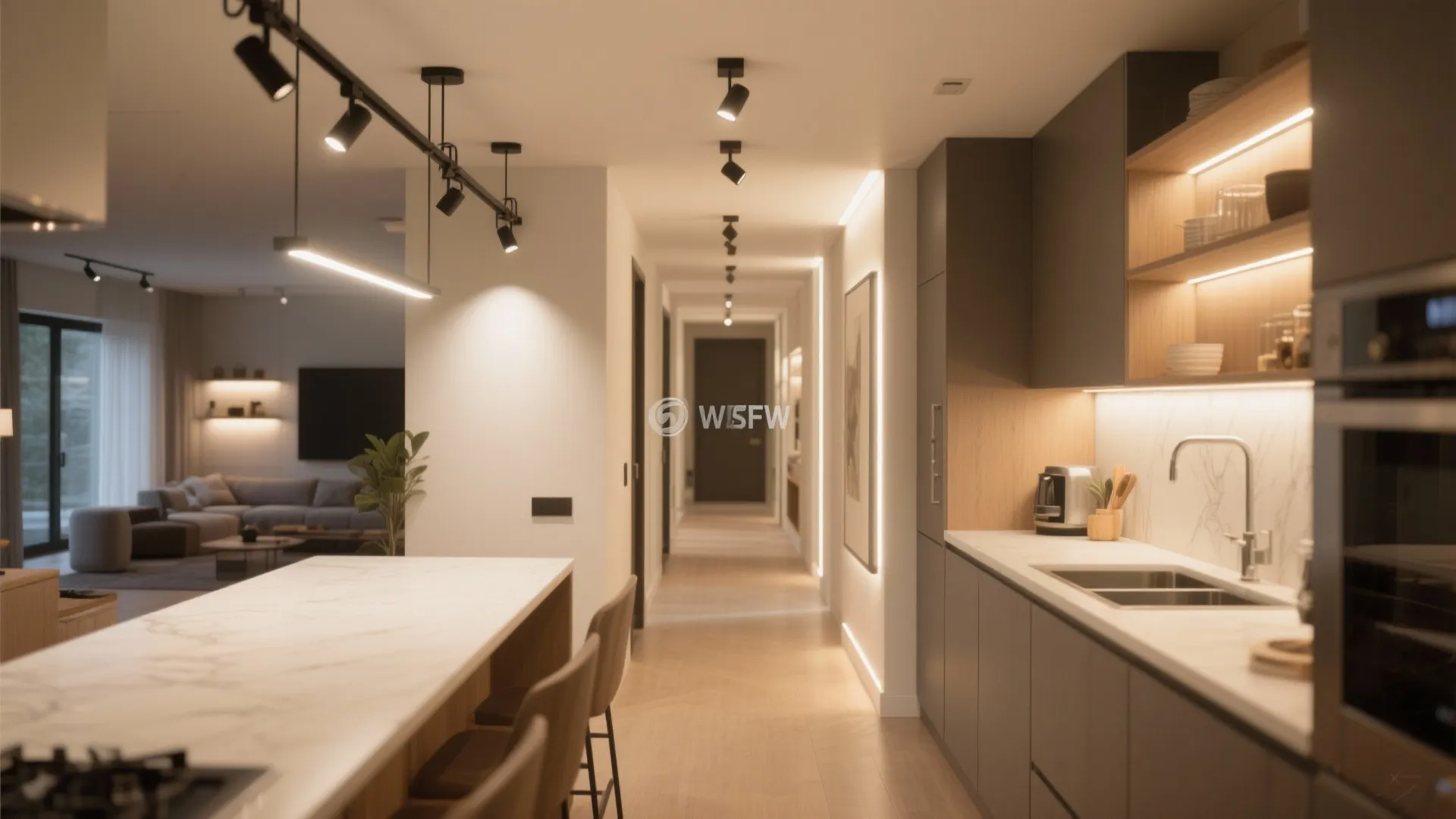 Layered Lighting: Track, Wall Wash, and Under-Cabinet