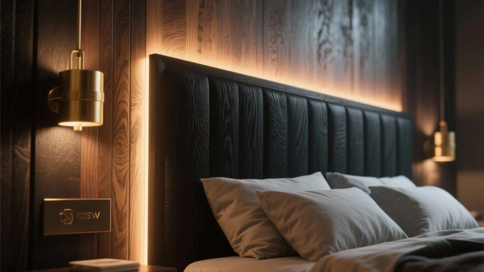 Black wooden headboard with hidden warm light strip gold wall lights and white pillows on bed