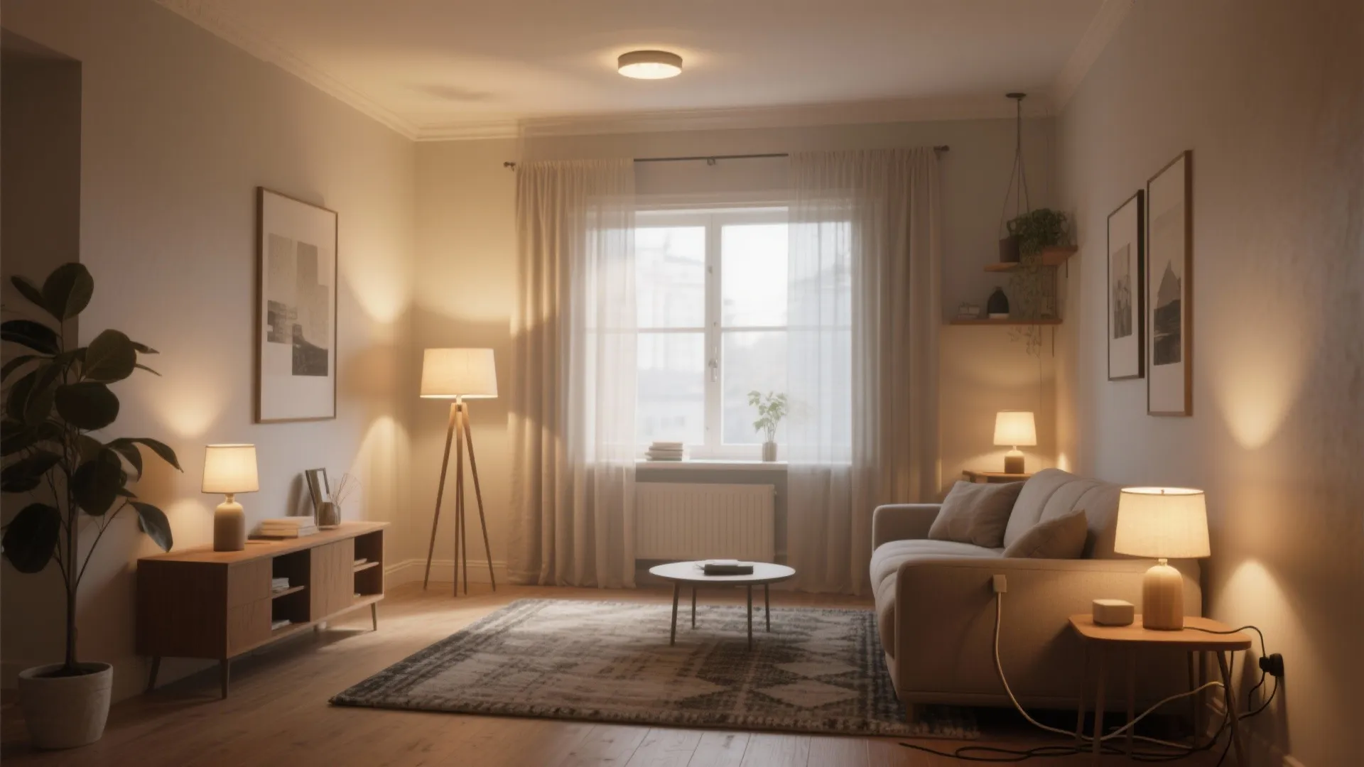 Cozy living room interior design with grey sofa wood cabinet table lamps and soft ceiling light