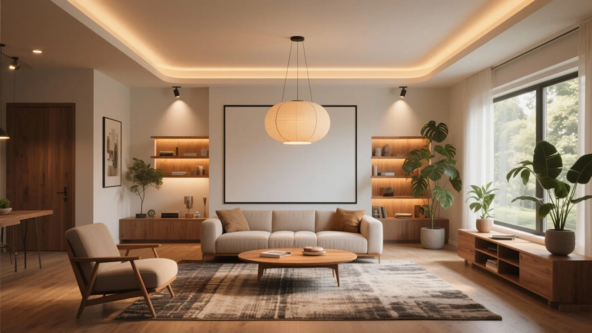 Modern living room with beige sofa round coffee table wooden shelves and warm ceiling light fixture