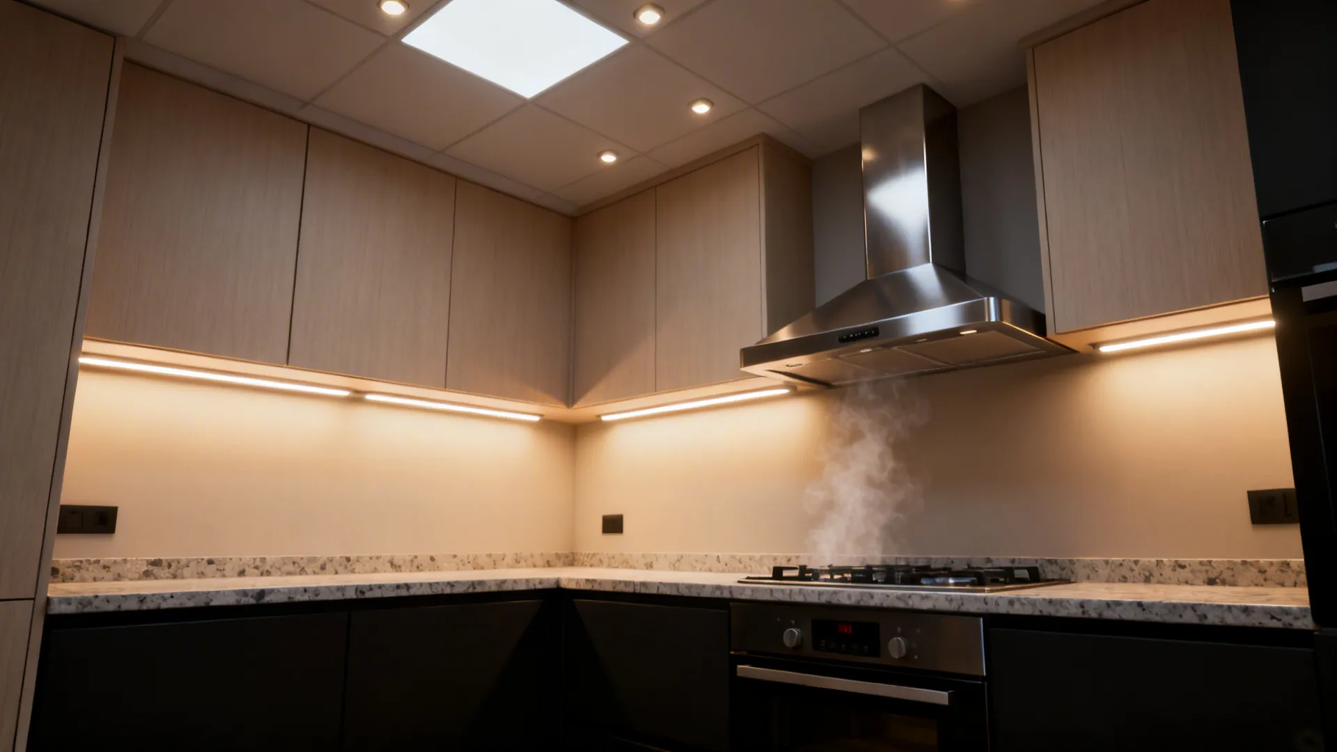 Modern kitchen with wood cabinets, black counters, gas stove, steel hood, and warm under-cabinet lighting
