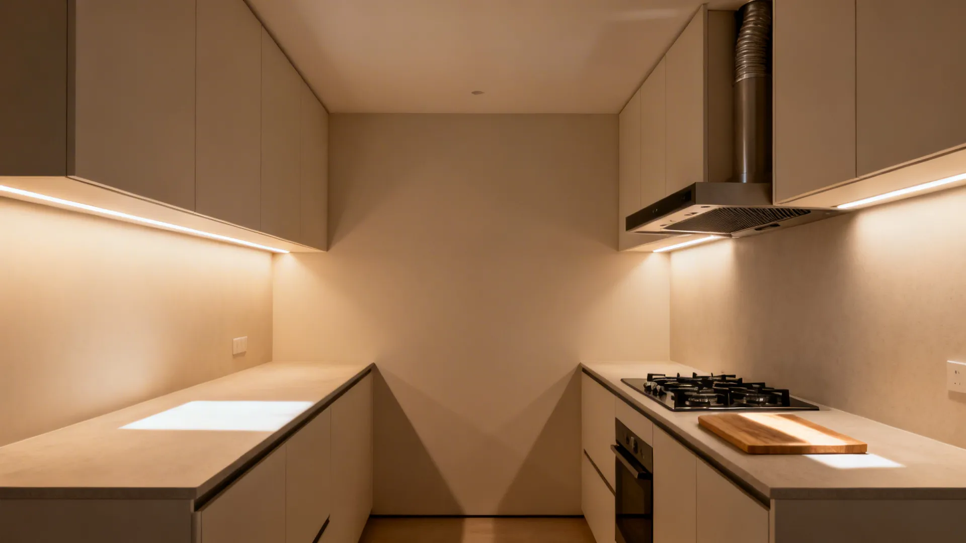 Modern kitchen with white cabinets warm under cabinet light stove range hood and wooden board