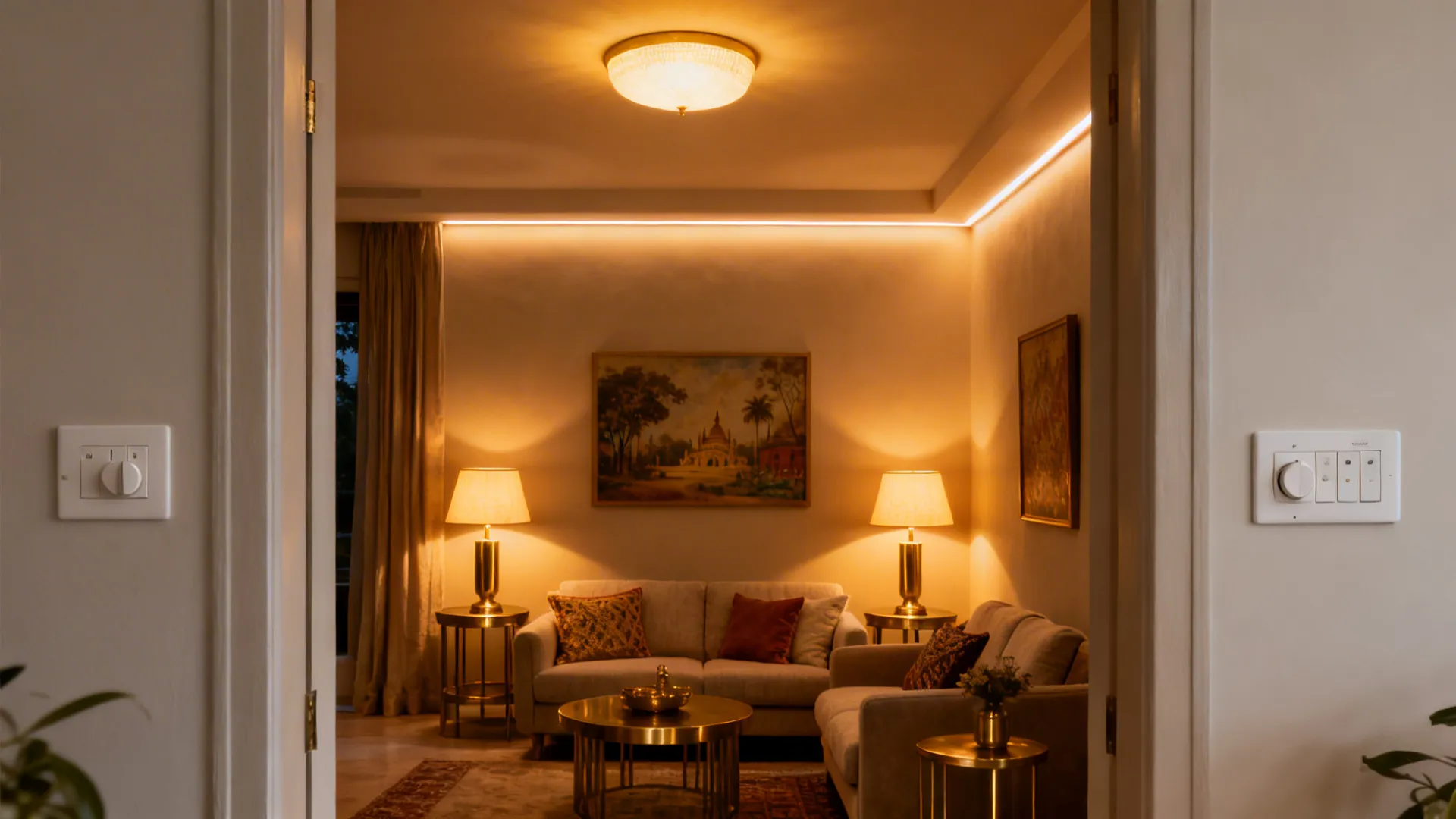 Living room with warm ceiling light, table lamps, and subtle LED cove creating a cozy glow.
