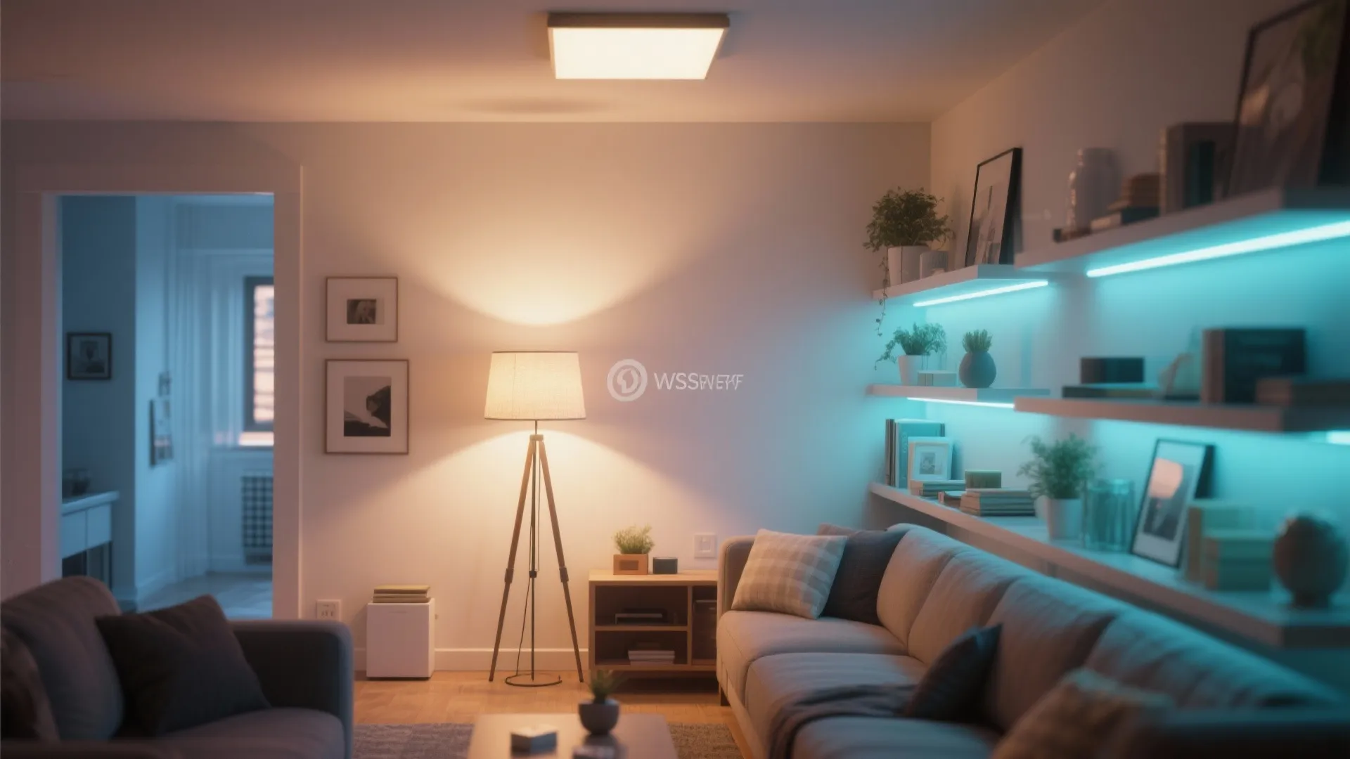 Living room with layered lighting including a floor lamp ceiling light and blue led shelf lights