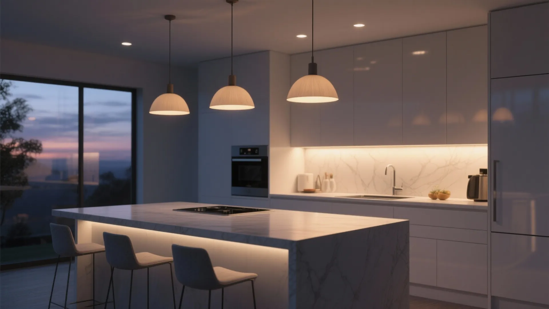 Kitchen island with three hanging ceiling lights and warm cabinet lighting at sunset with chairs