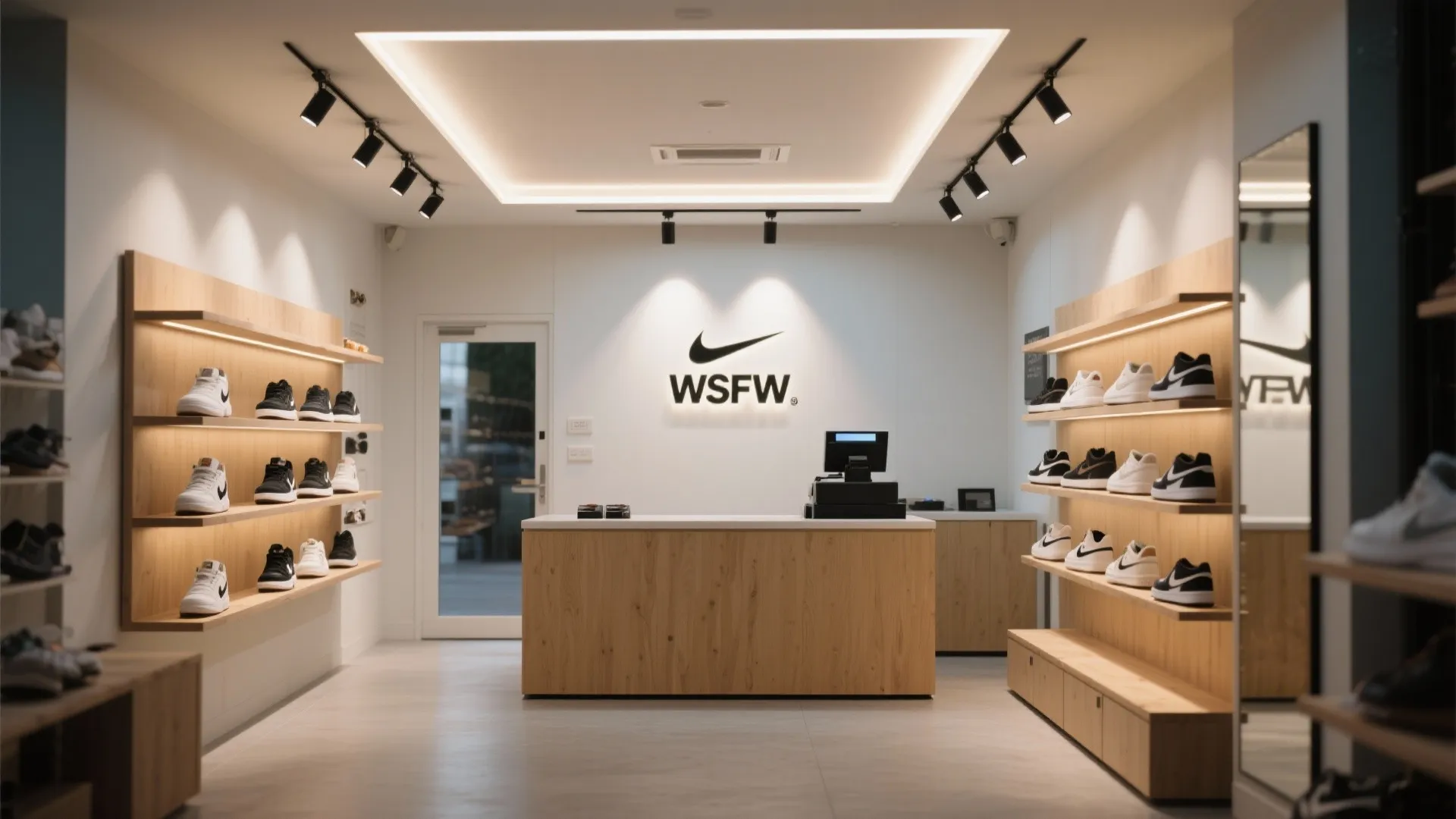 Modern shoe store interior with wooden display shelves a service counter and bright ceiling lights