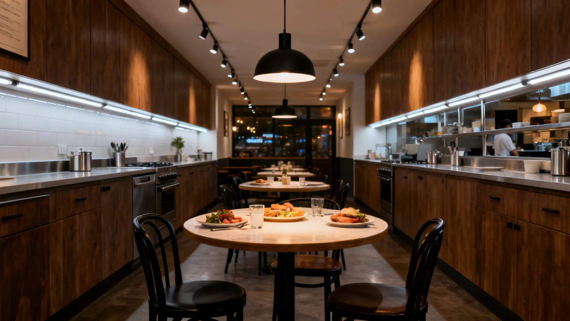 Small kitchen diner with ceiling spots, a dimmable pendant over a round table, and under-cabinet LED strips.