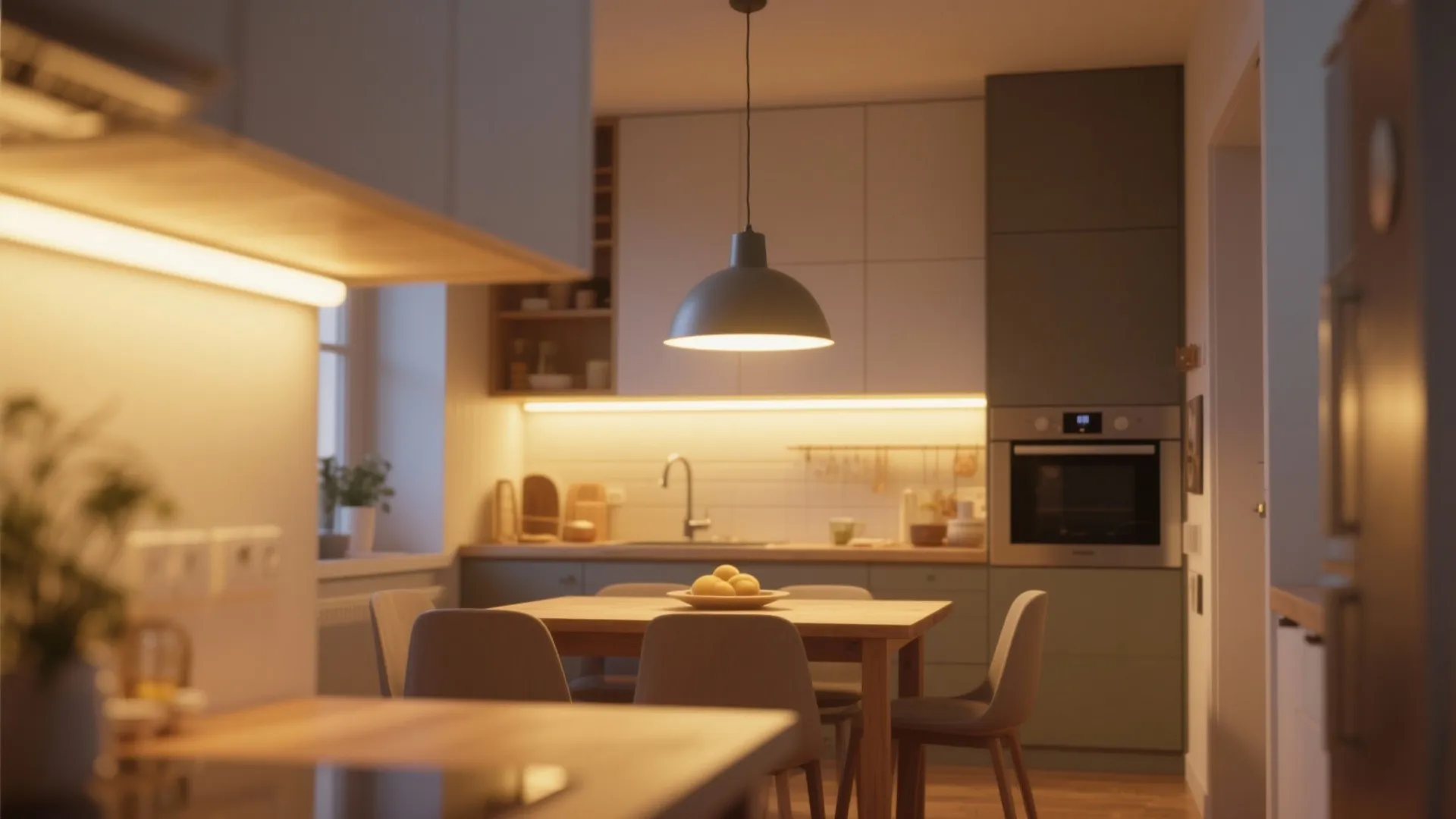 Warm kitchen featuring wooden dining table grey chairs ceiling light and under cabinet strip light
