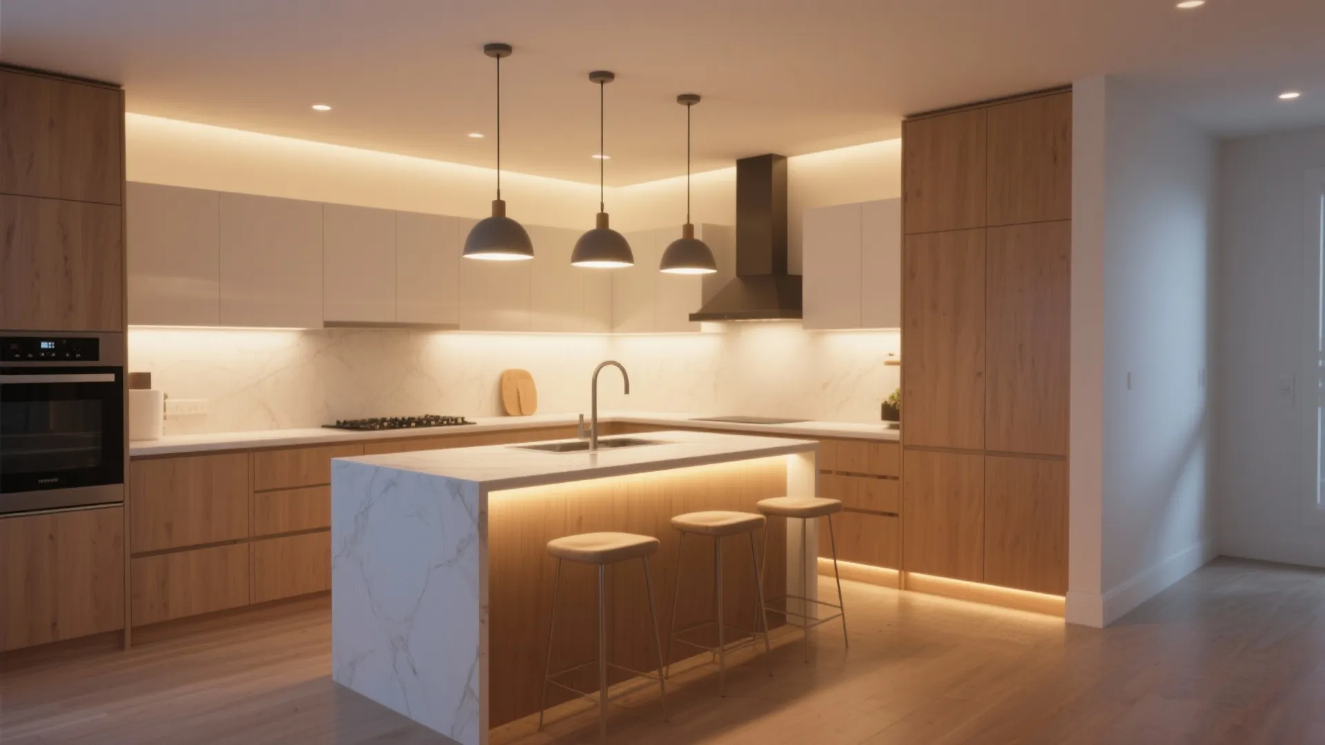 Under-cabinet LEDs and pendants in modern kitchen