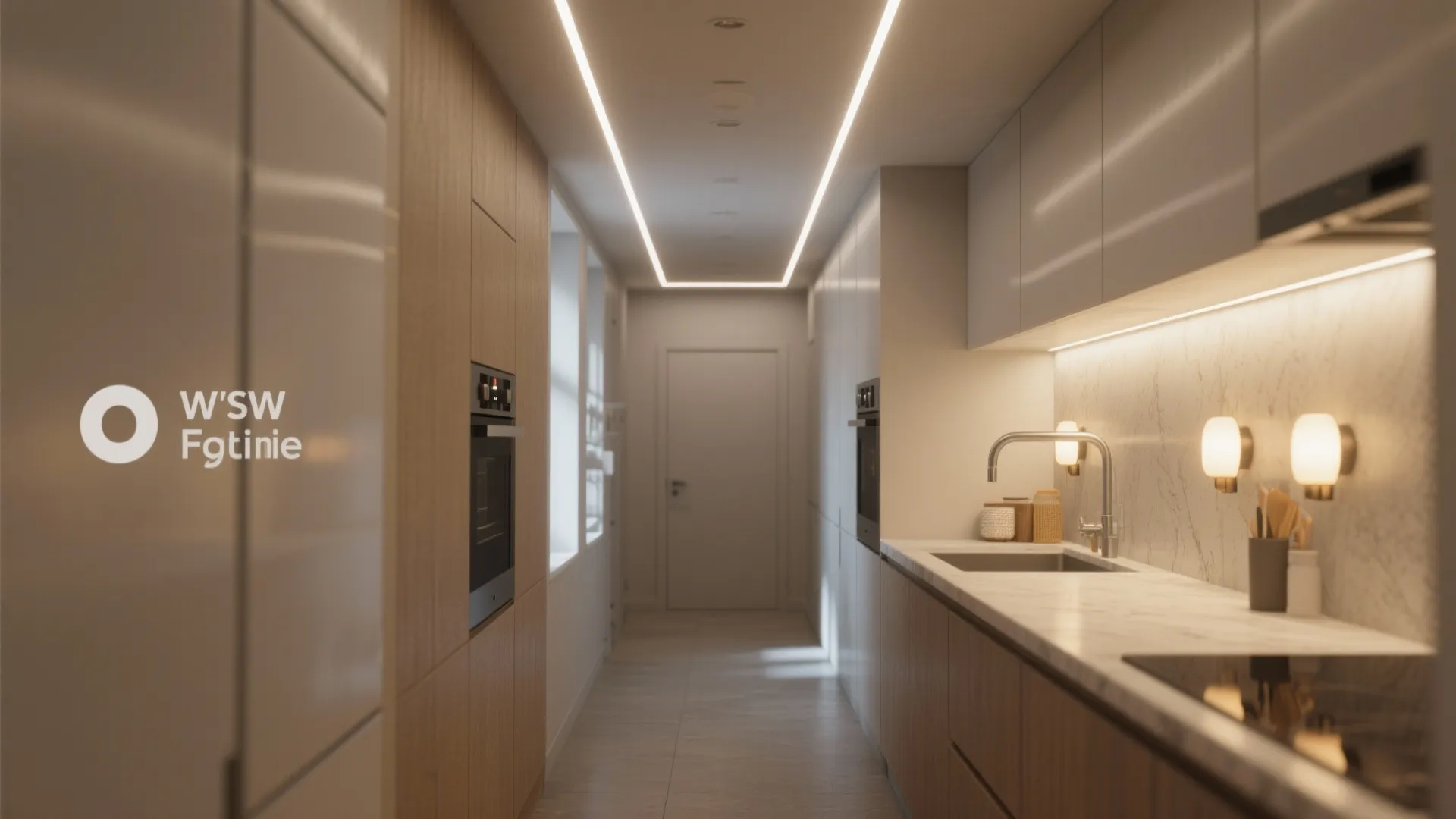 Small kitchen with ambient, task, and accent lighting creating depth.