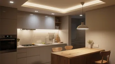 Warm Modern Kitchen with Wooden Island & Layered Lighting
