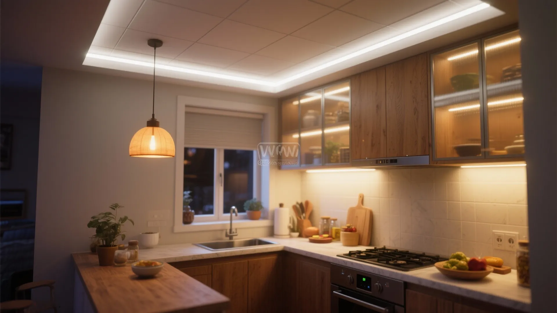 Lighting layers that flatter small kitchens