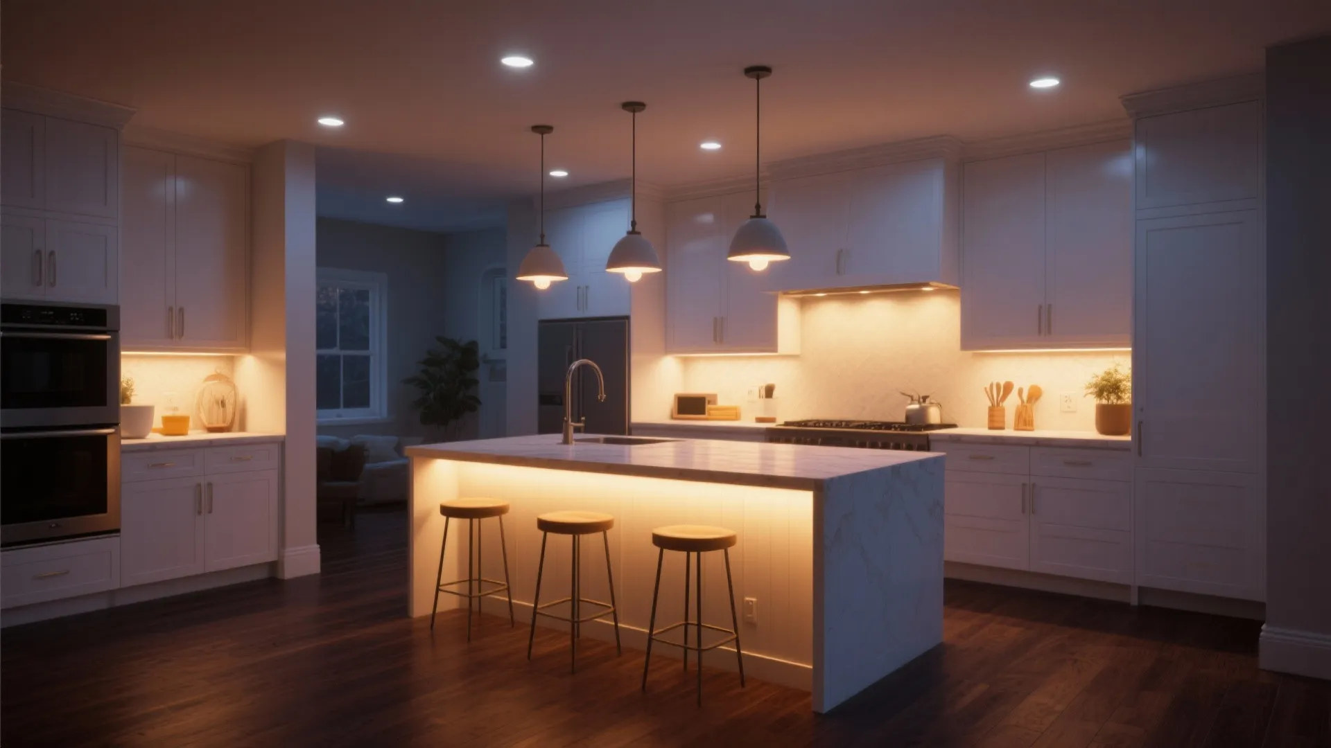 Kitchen at dusk with warm under-cabinet LEDs, pendants, and dimmable ceiling lights over white cabinets and dark floors.