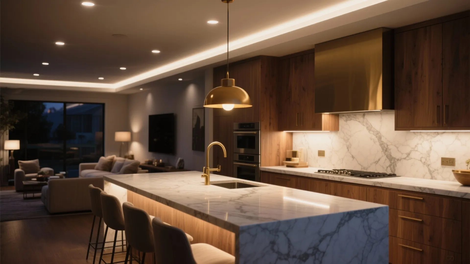 Layered lighting that flatters marble and wood
