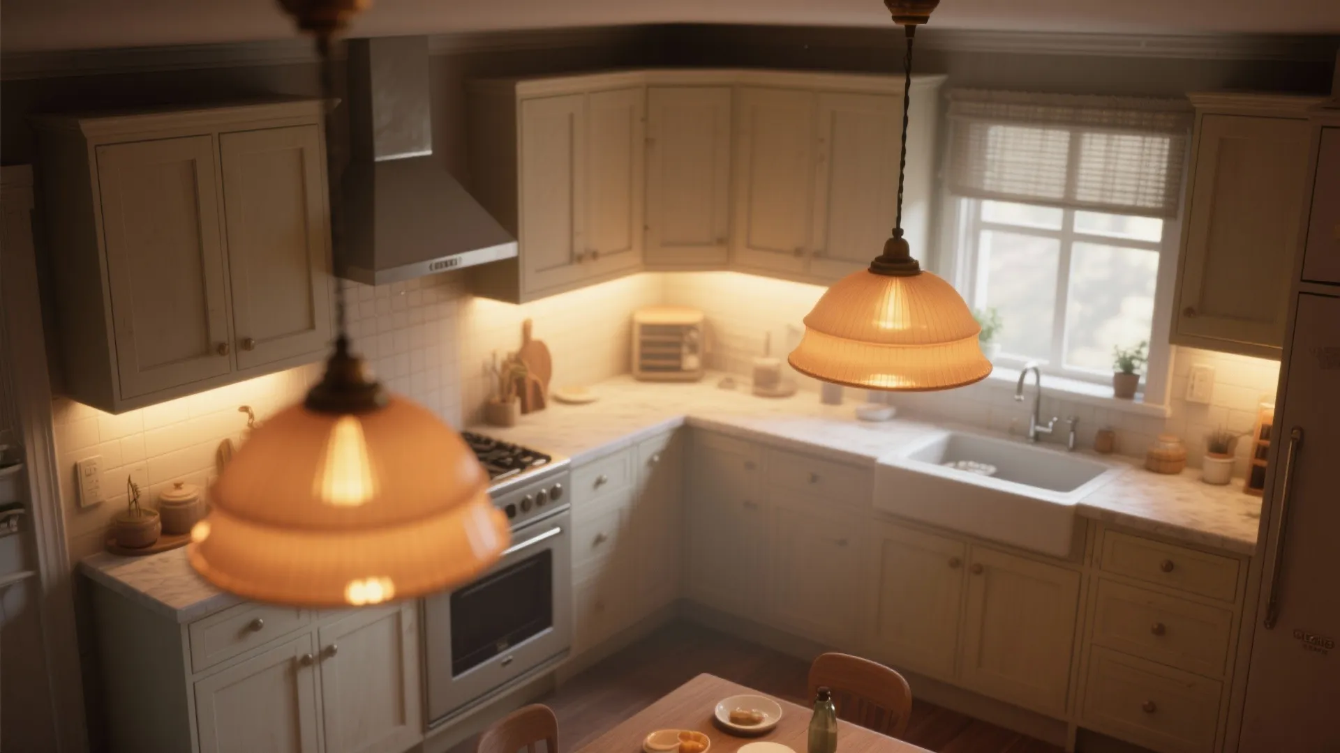 Small kitchen with layered warm pendant and under-cabinet lighting highlighting antique cream cabinets.