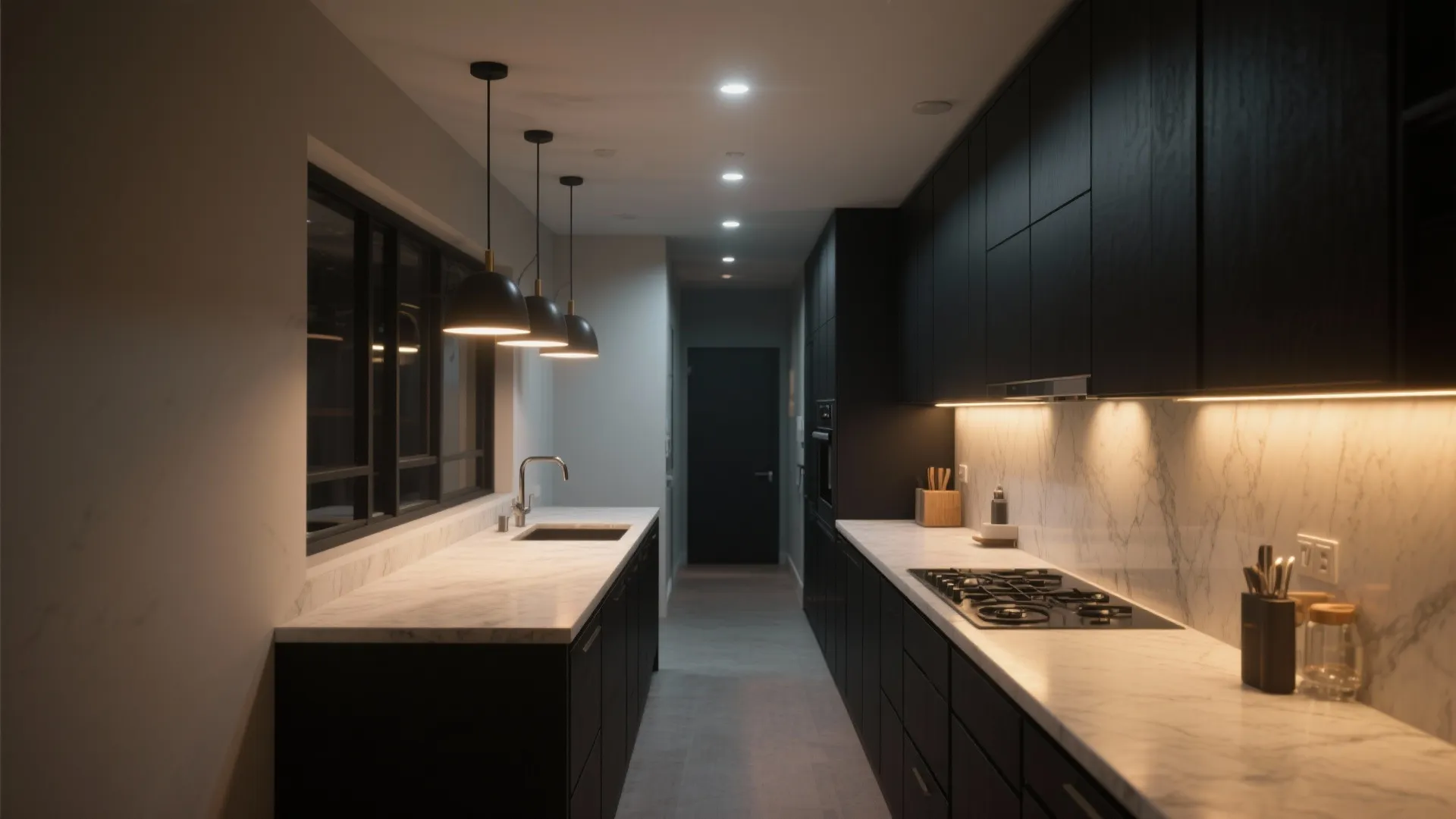 Galley kitchen with black cabinets marble countertops three black pendant lights and warm under cabinet lighting