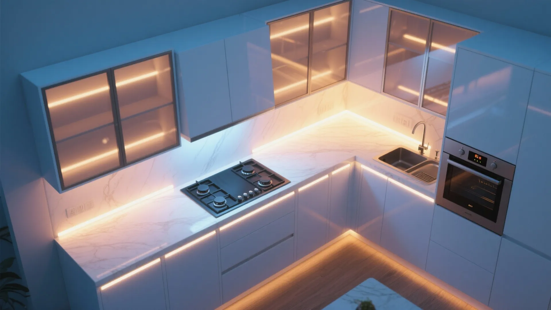 Modern white kitchen with marble countertop integrated warm led strip lights and sleek built-in oven